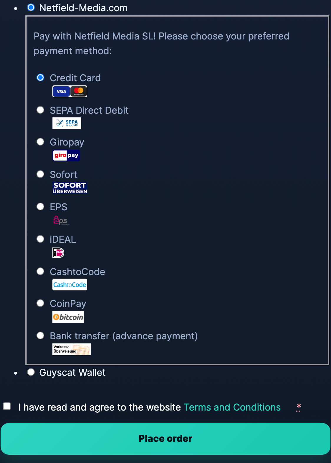 Checkout — pay from your Guyscat Wallet or with card via Netfield.