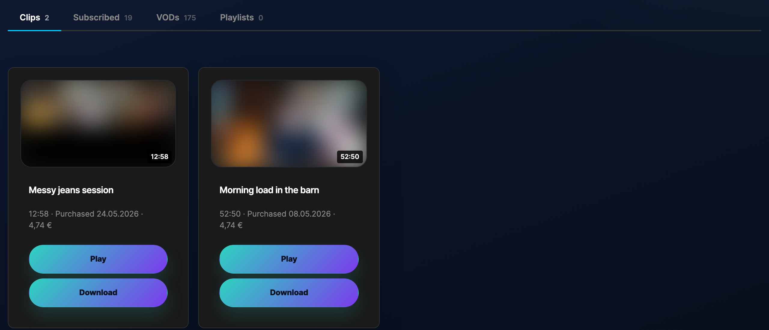 My Library page with the four tabs visible and the Clips tab active showing recent purchases.