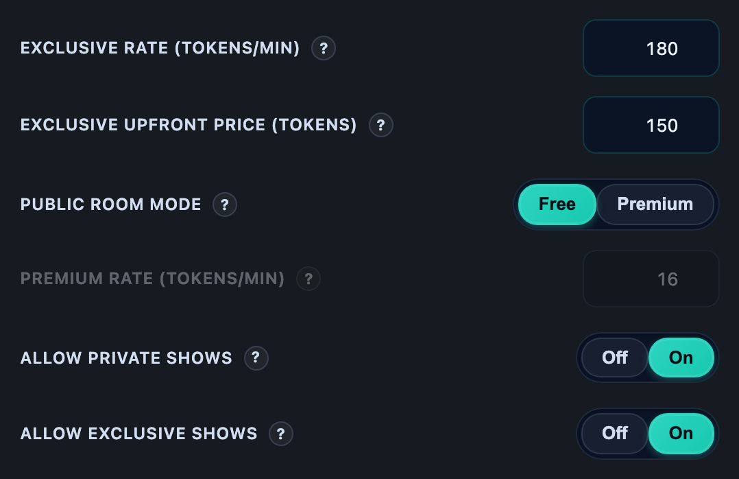 Exclusive shows are enabled in the studio pricing panel, together with the exclusive per-minute rate.