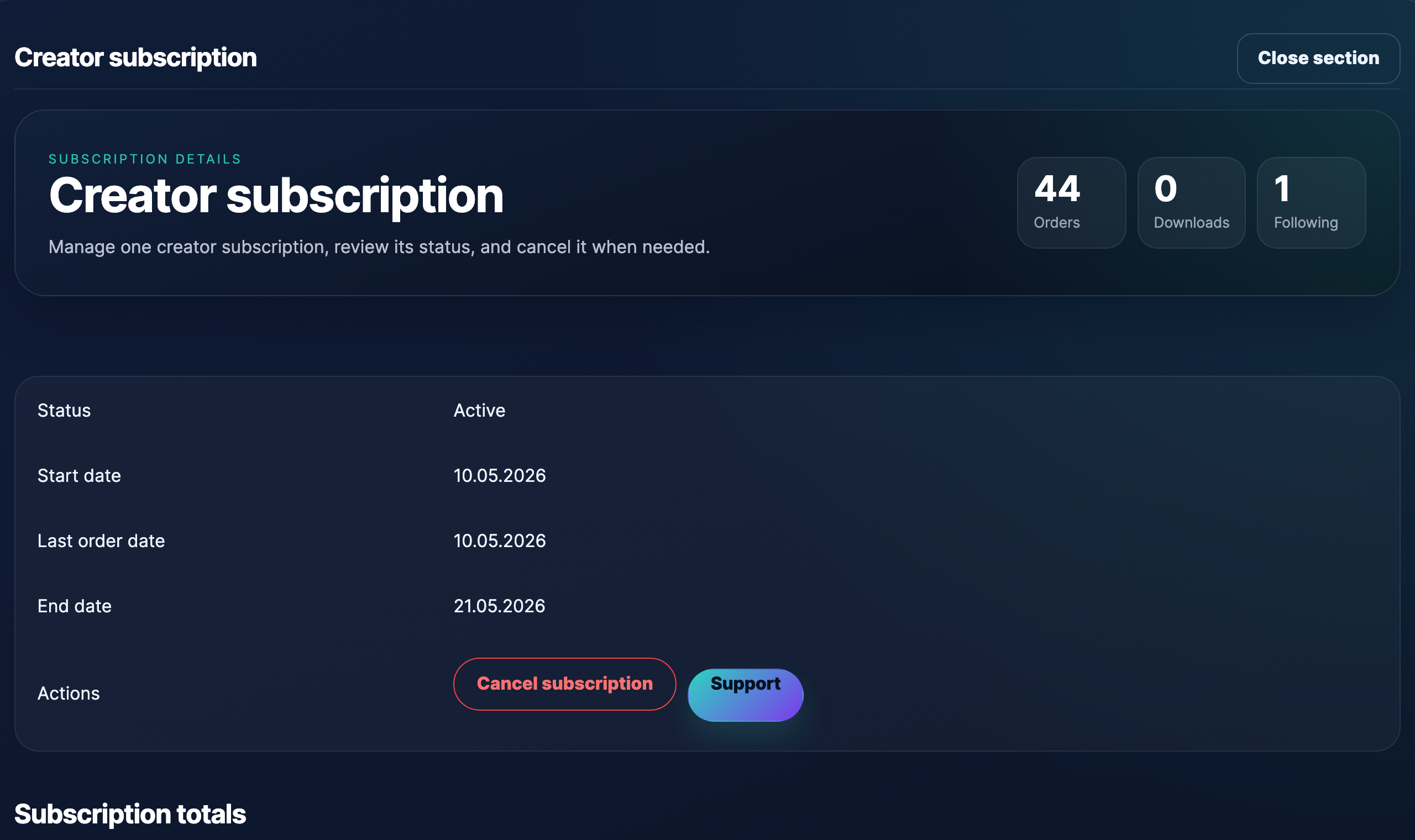 Subscription details page with the Cancel button visible in the actions row.
