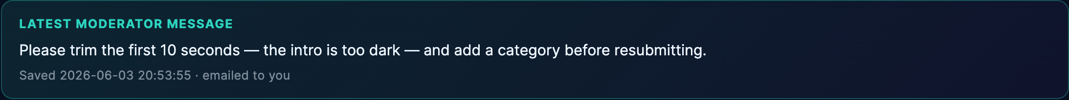 A Changes needed message on a clip's edit page