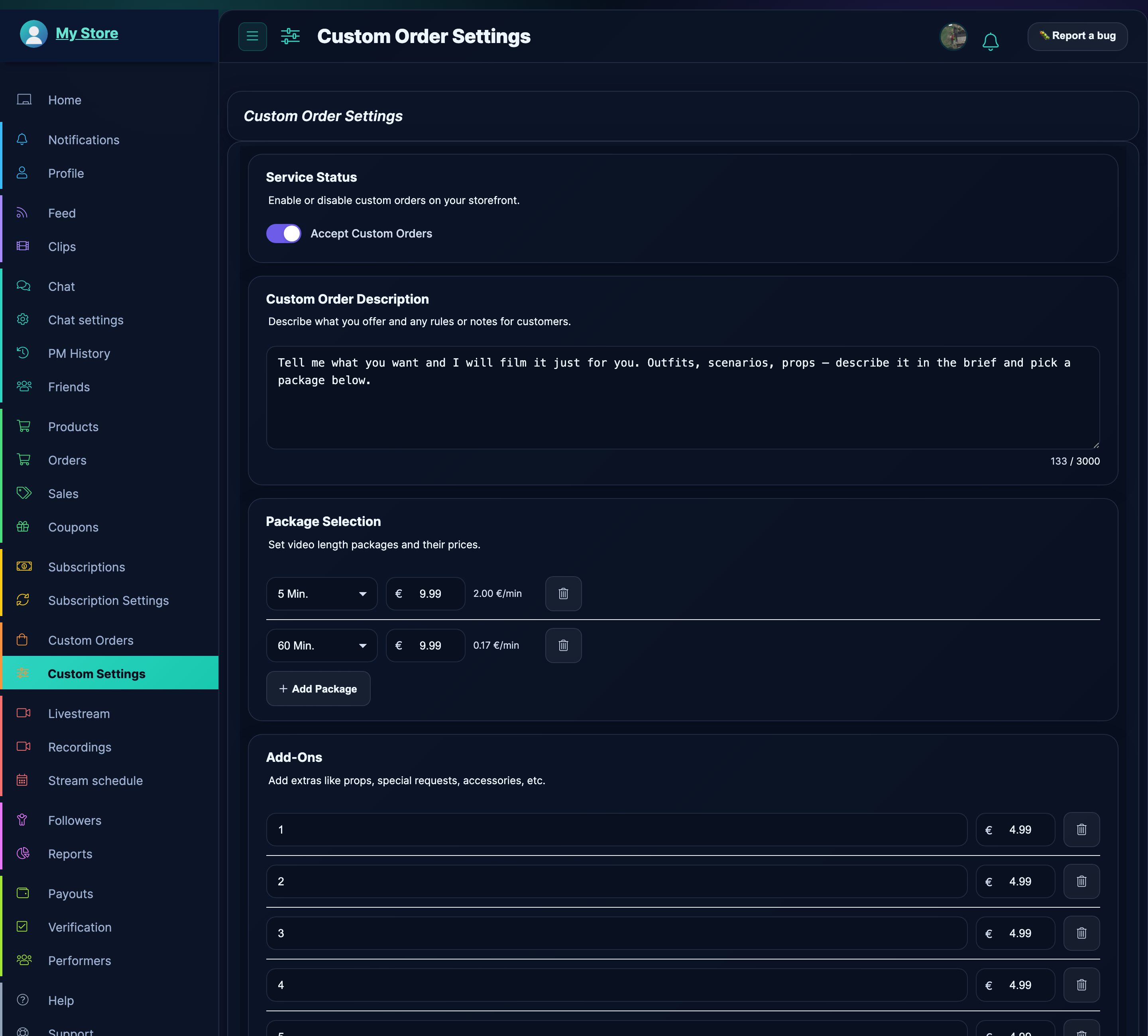 Custom Order Settings: service toggle, description, packages and add-ons.