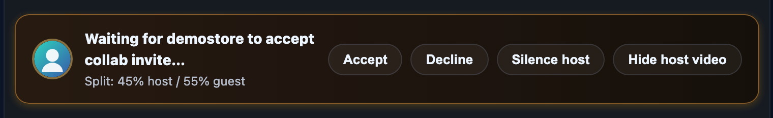 What the invited creator sees in their studio: the host's invite with the proposed split, Accept and Decline.