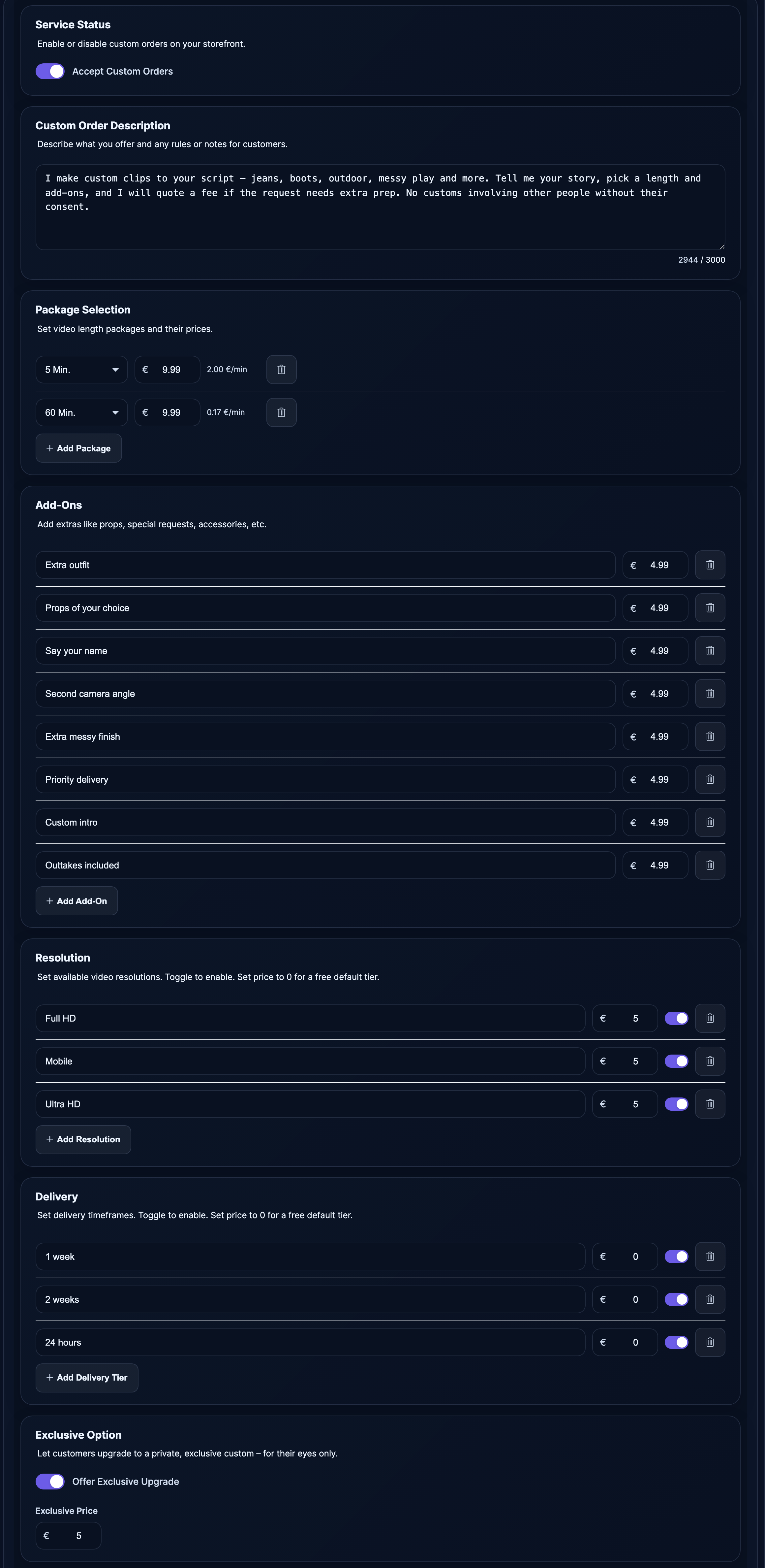 Custom Settings page with all five pricing cards visible.