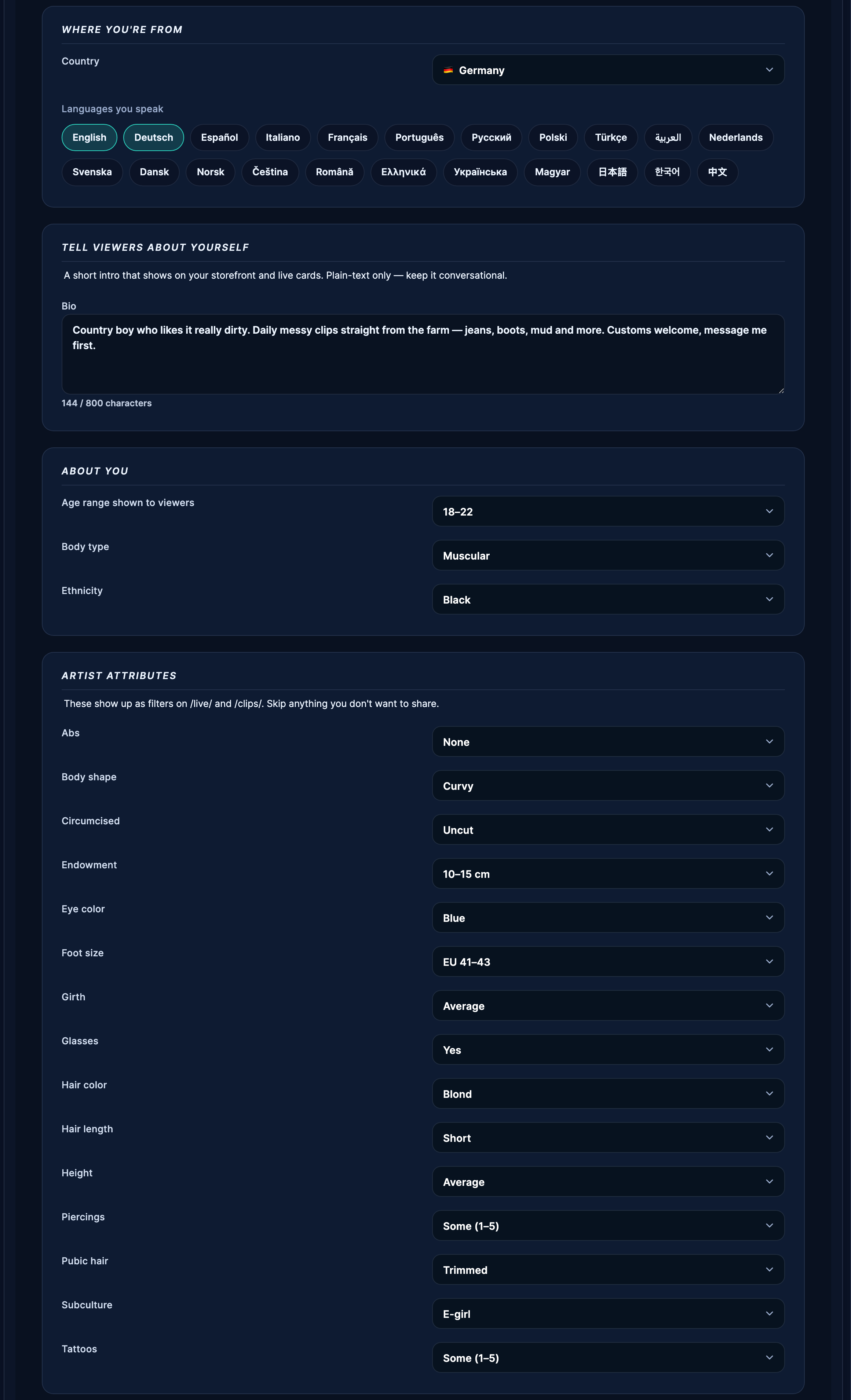 Country and languages, your bio with the character counter, and the artist-attribute dropdowns.
