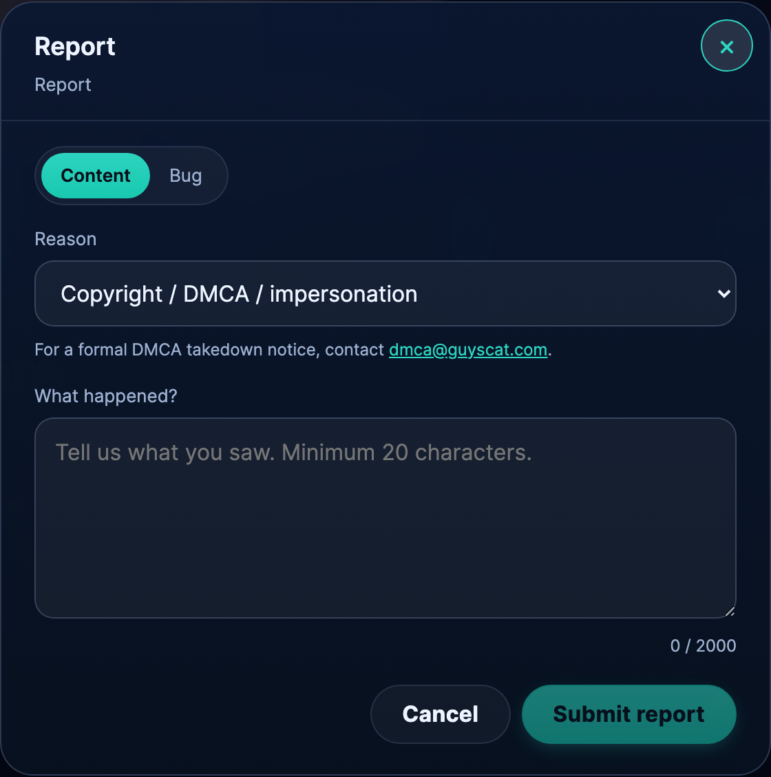 Report modal open on the Content tab with Reason set to "Copyright / DMCA / impersonation".