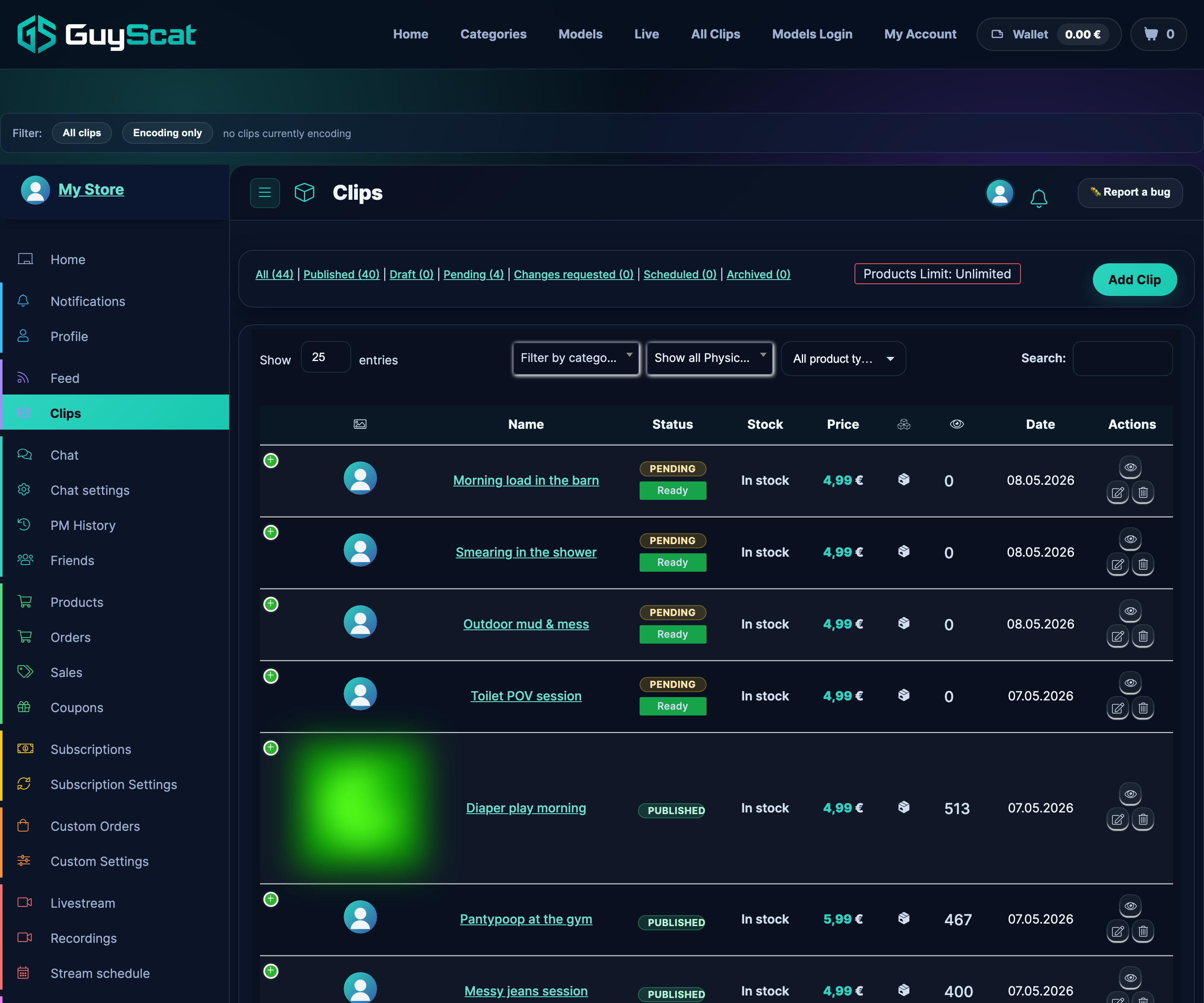 Clips management list with status badges and row actions.