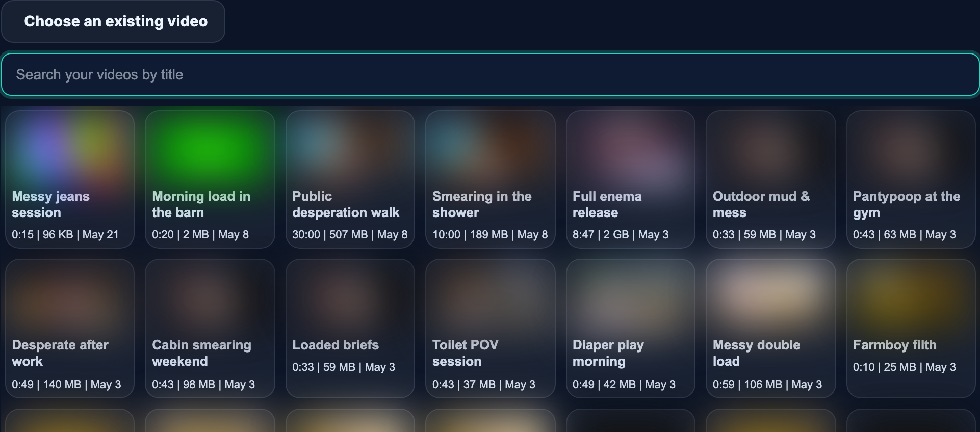 The "Choose an existing video" picker — search box at the top and a grid of video thumbnail cards