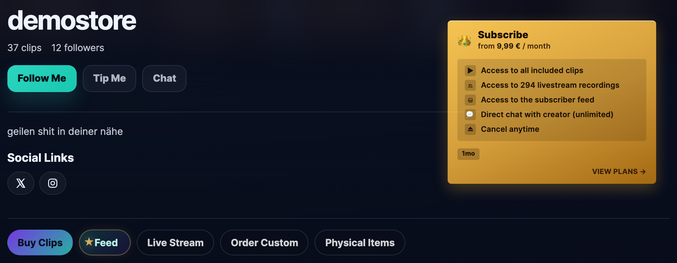 Creator storefront with the Follow Me button and Feed tab.
