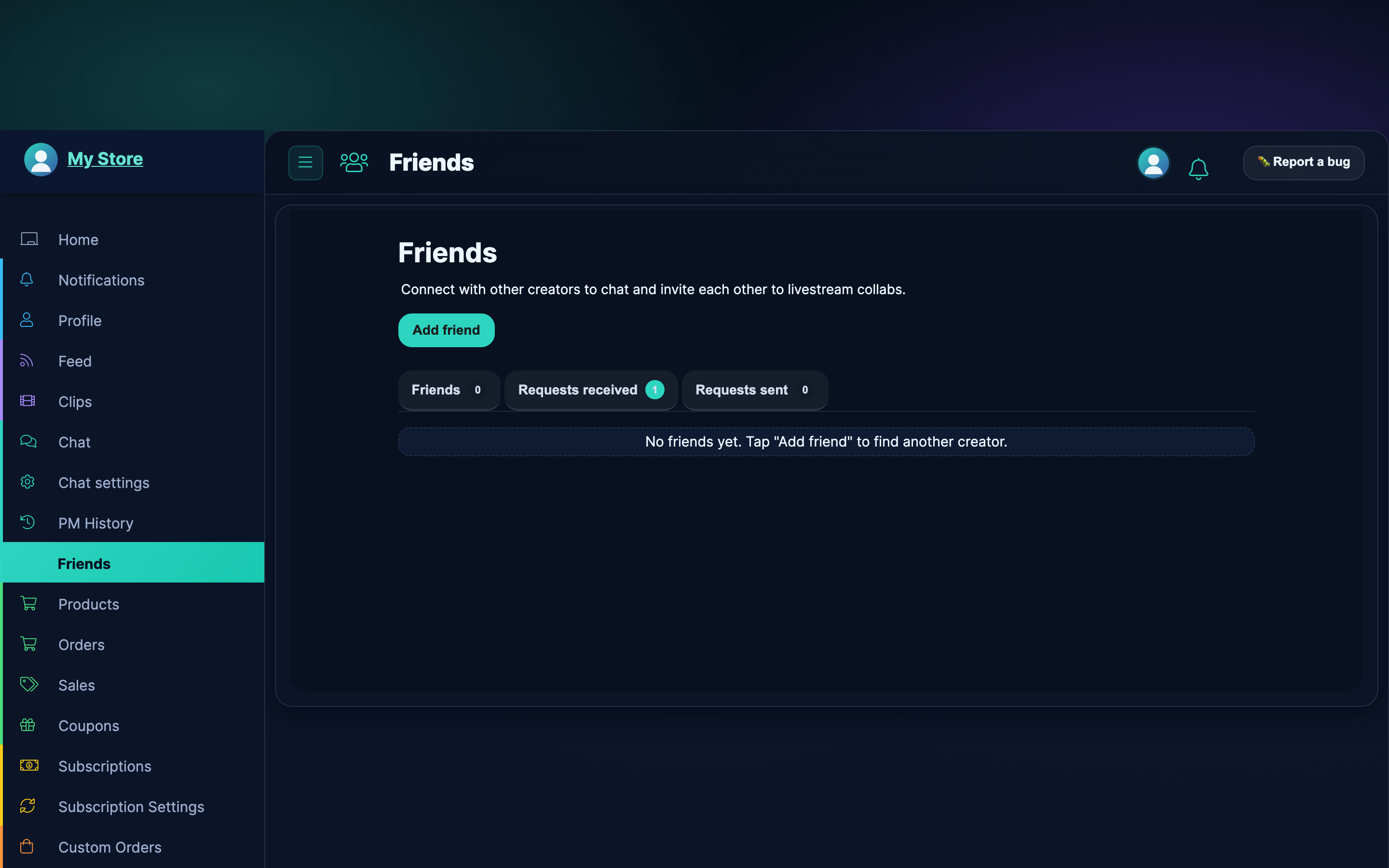 The Friends page in your store manager: friends list, incoming and outgoing requests, and the Add friend button.