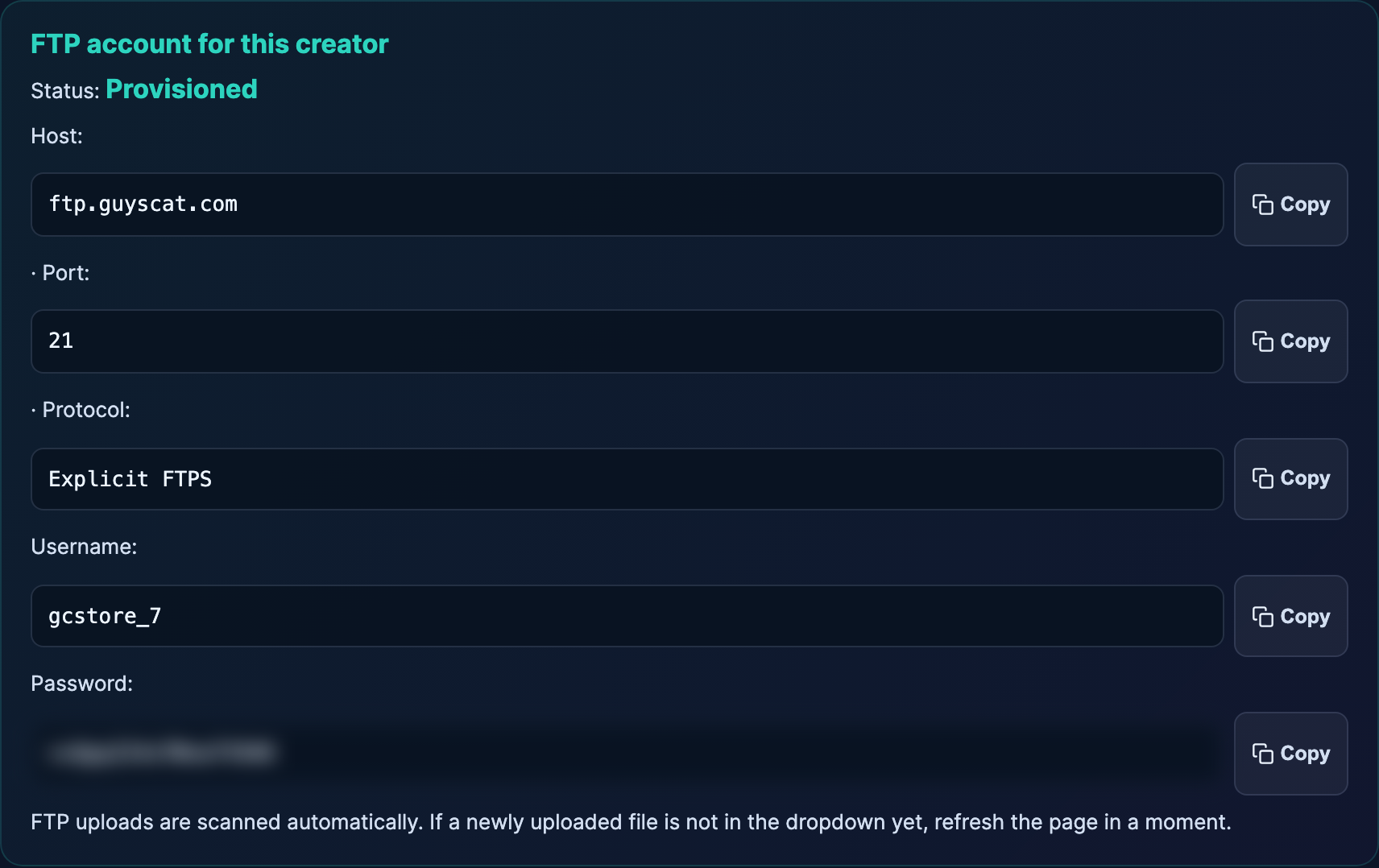 The FTP account panel in Add Clip: status Provisioned, host ftp.guyscat.com, port 21, protocol Explicit FTPS, your username, and password (password blurred here).