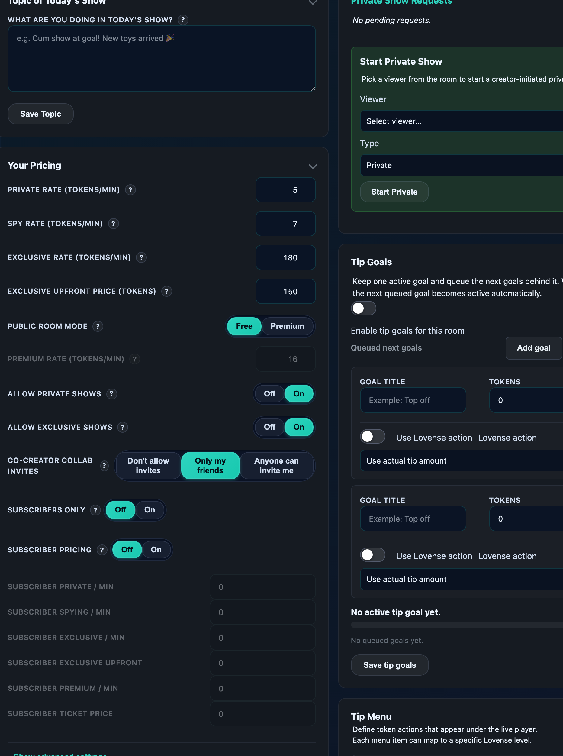 Studio page with title, tags, mode pill, tip menu visible.