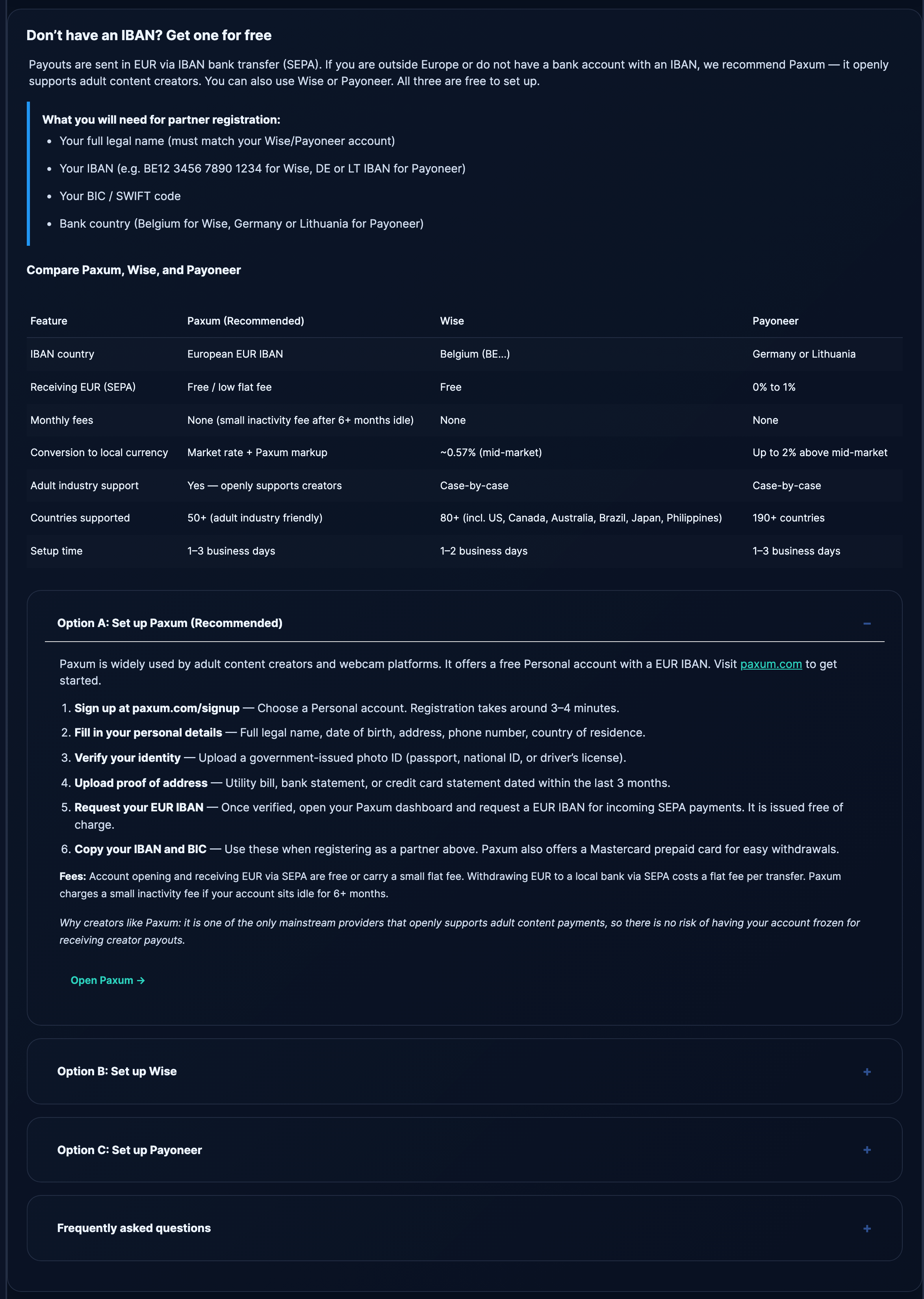 The IBAN-provider comparison on the payouts page — Paxum, Wise and Payoneer side by side.