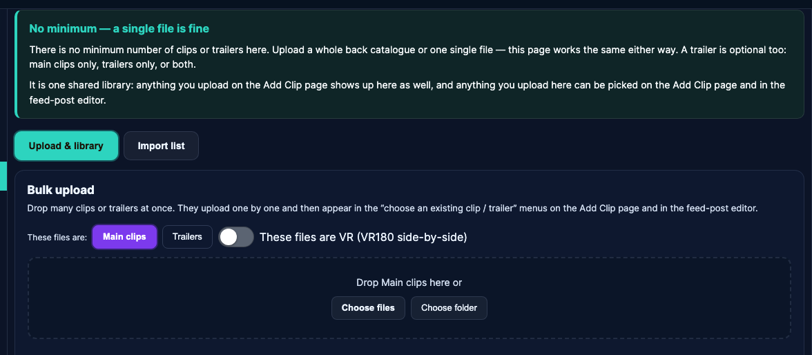 The bulk uploader page: the Upload & library and Import list tabs, the Main clips / Trailers buttons, the VR switch and the drop zone.