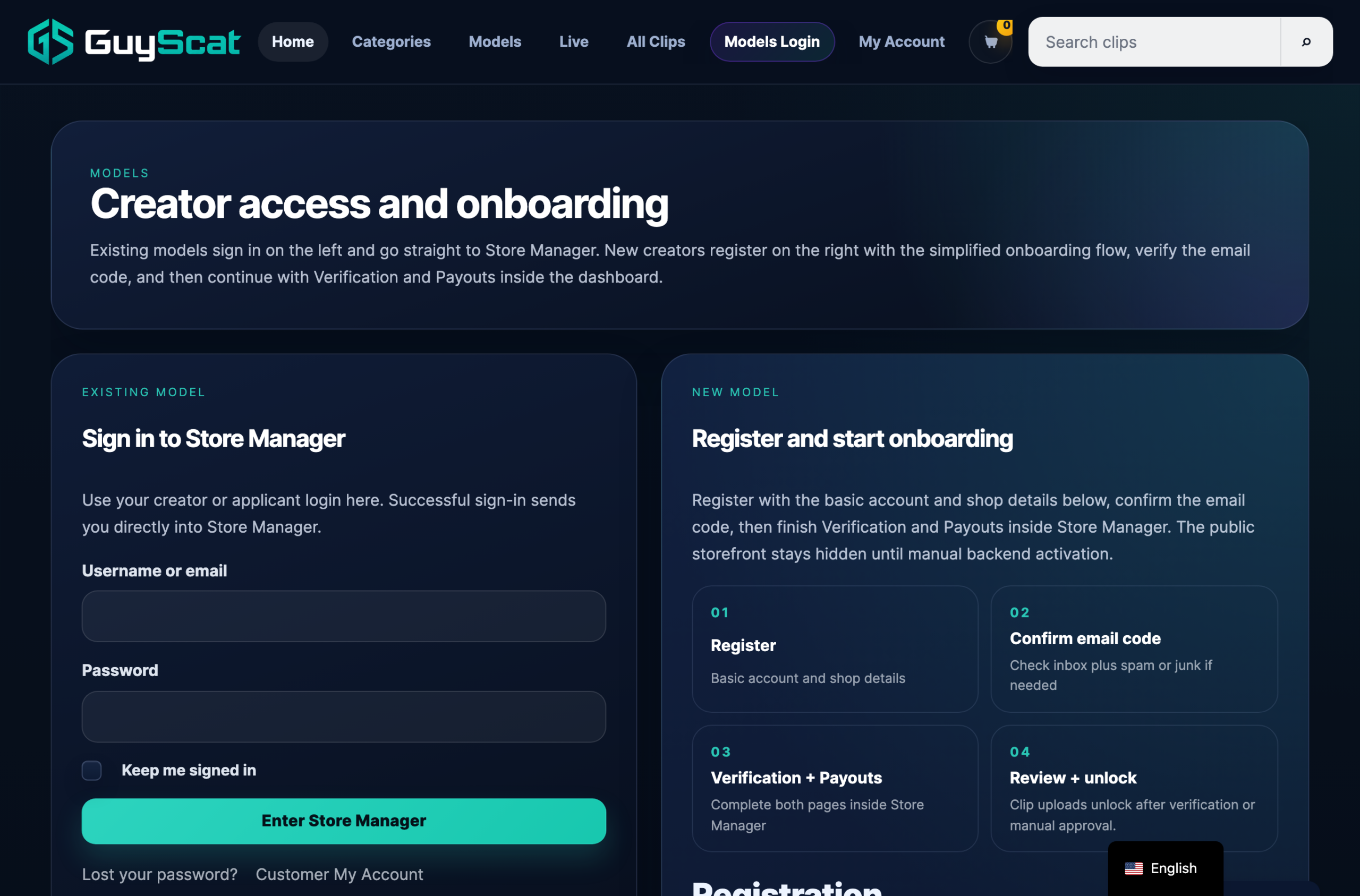 The /models-login/ page with the existing-creator login on the left and the new-creator registration form on the right.