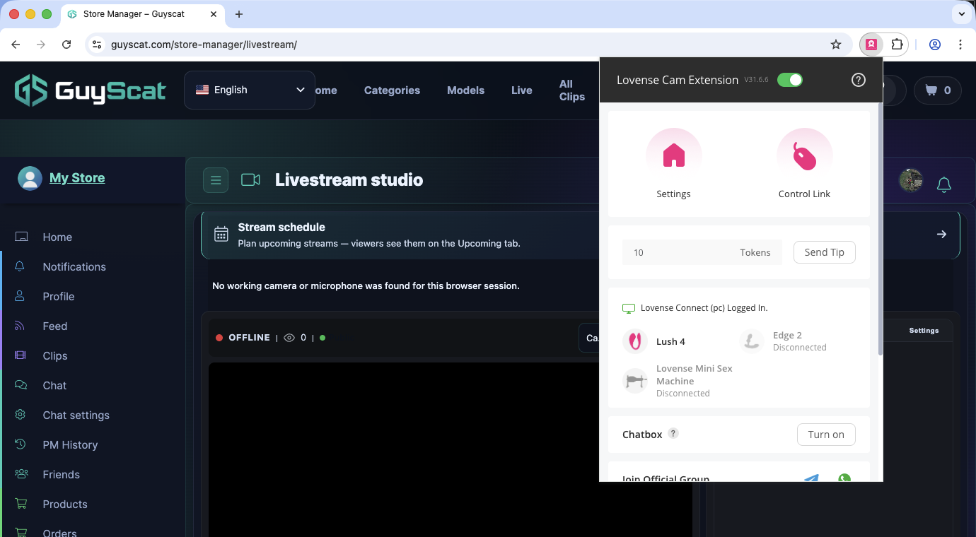 The extension pinned to the toolbar — the popup opens over your GuyScat studio.