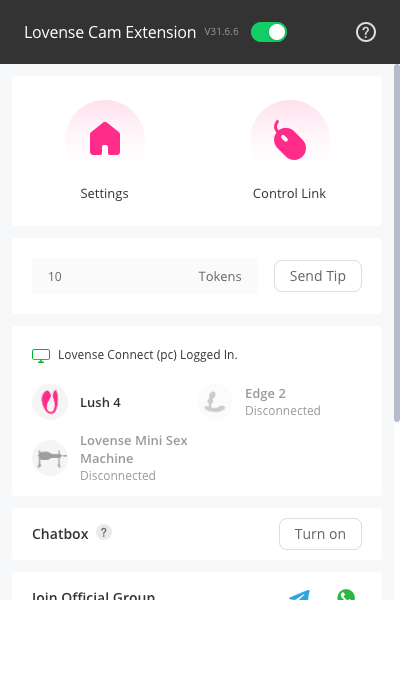 The extension popup once Lovense Connect is detected: the toy shows as connected.