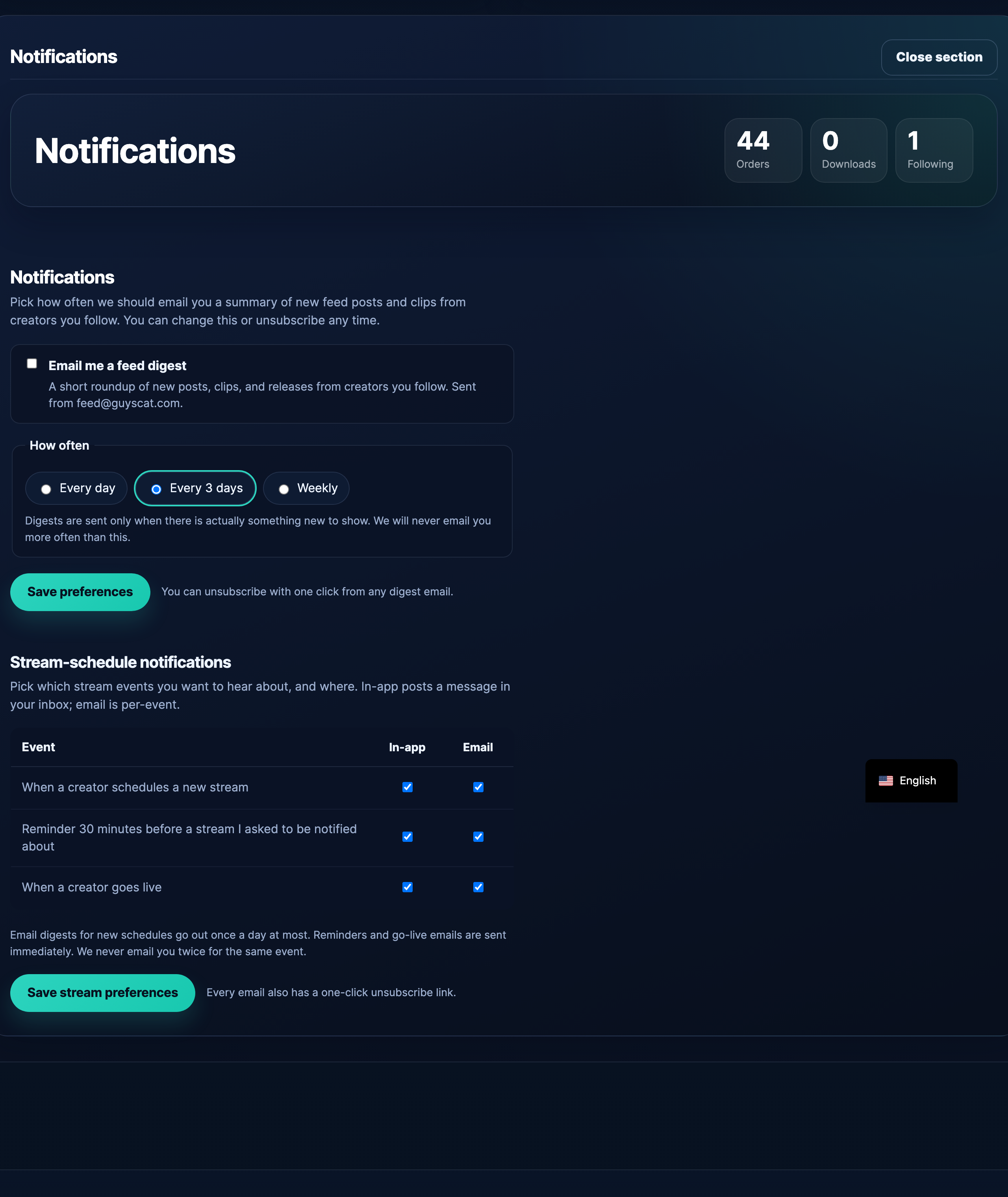 /my-account/notification-preferences/ with both sections visible.