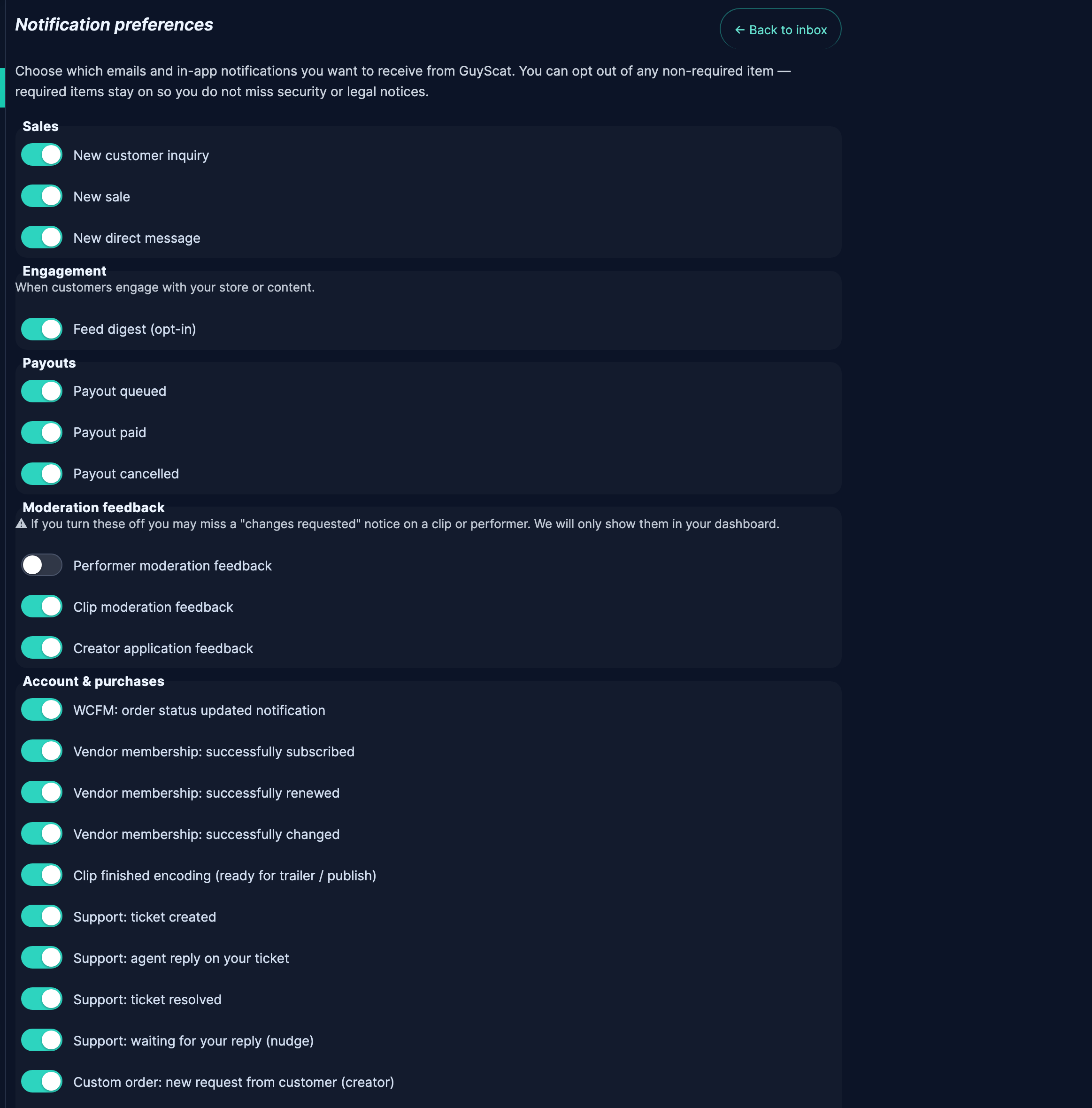 Notification preferences with grouped email/in-app toggles.