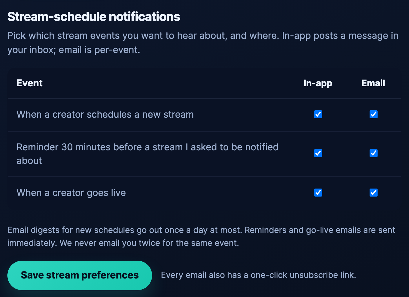 Customer notification preferences with In-app and Email toggles per event.