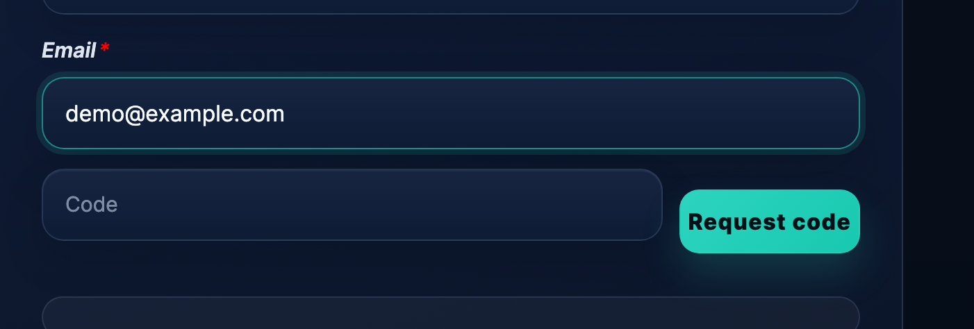 The email-code confirmation field shown on the onboarding page after registration.
