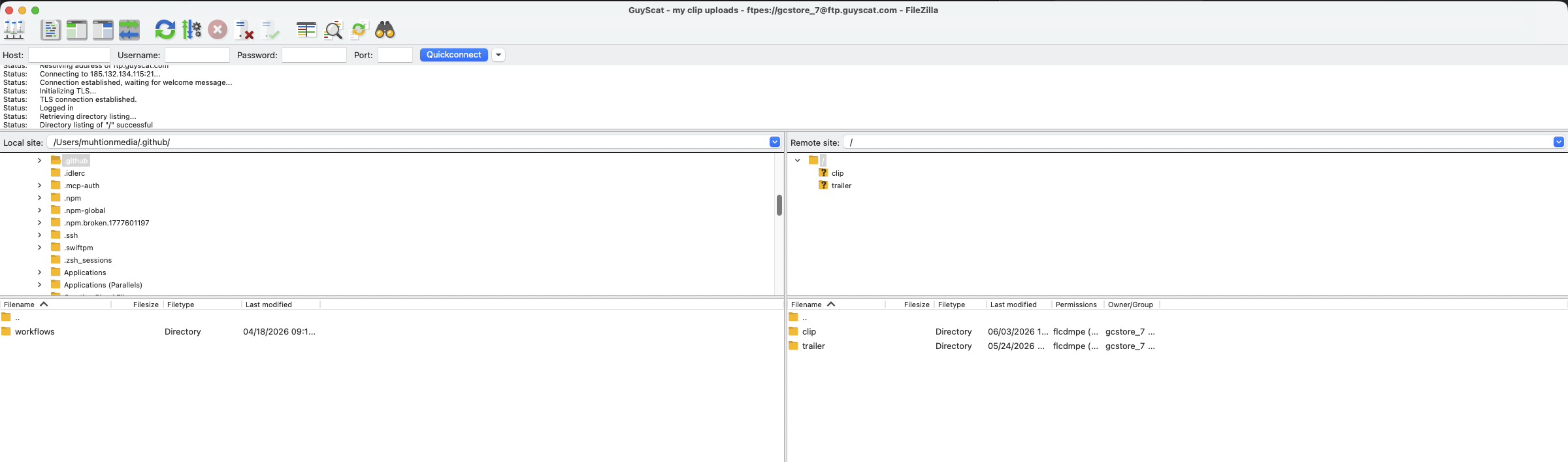 FileZilla connected over explicit FTPS: local files on the left, your remote upload folders (clip, trailer) on the right.