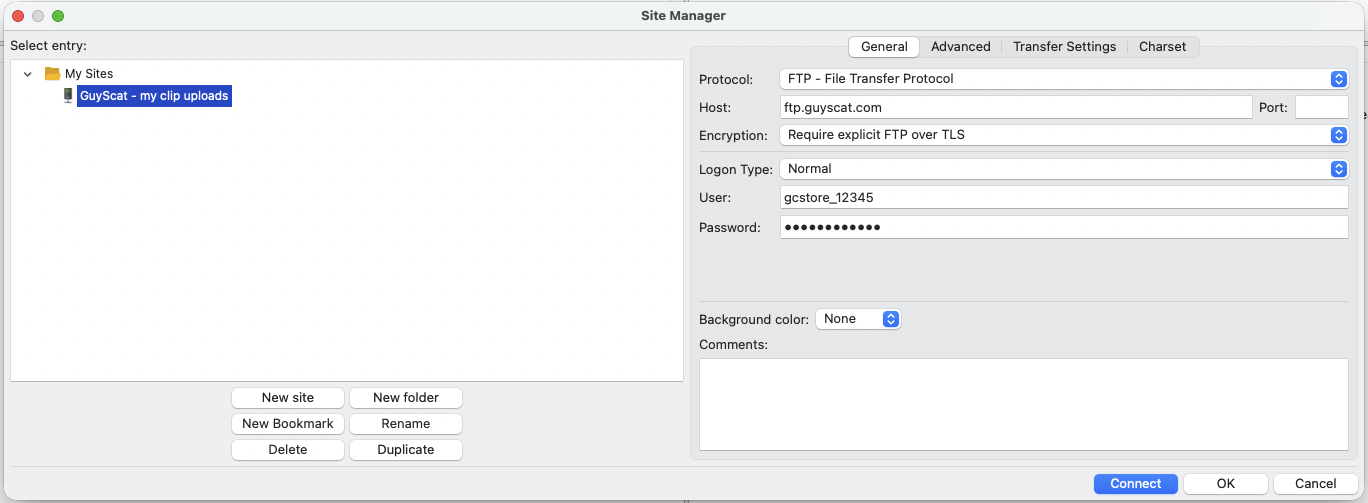 FileZilla Site Manager: Protocol FTP, Host ftp.guyscat.com, Encryption Require explicit FTP over TLS, Logon Type Normal, plus your username and password.
