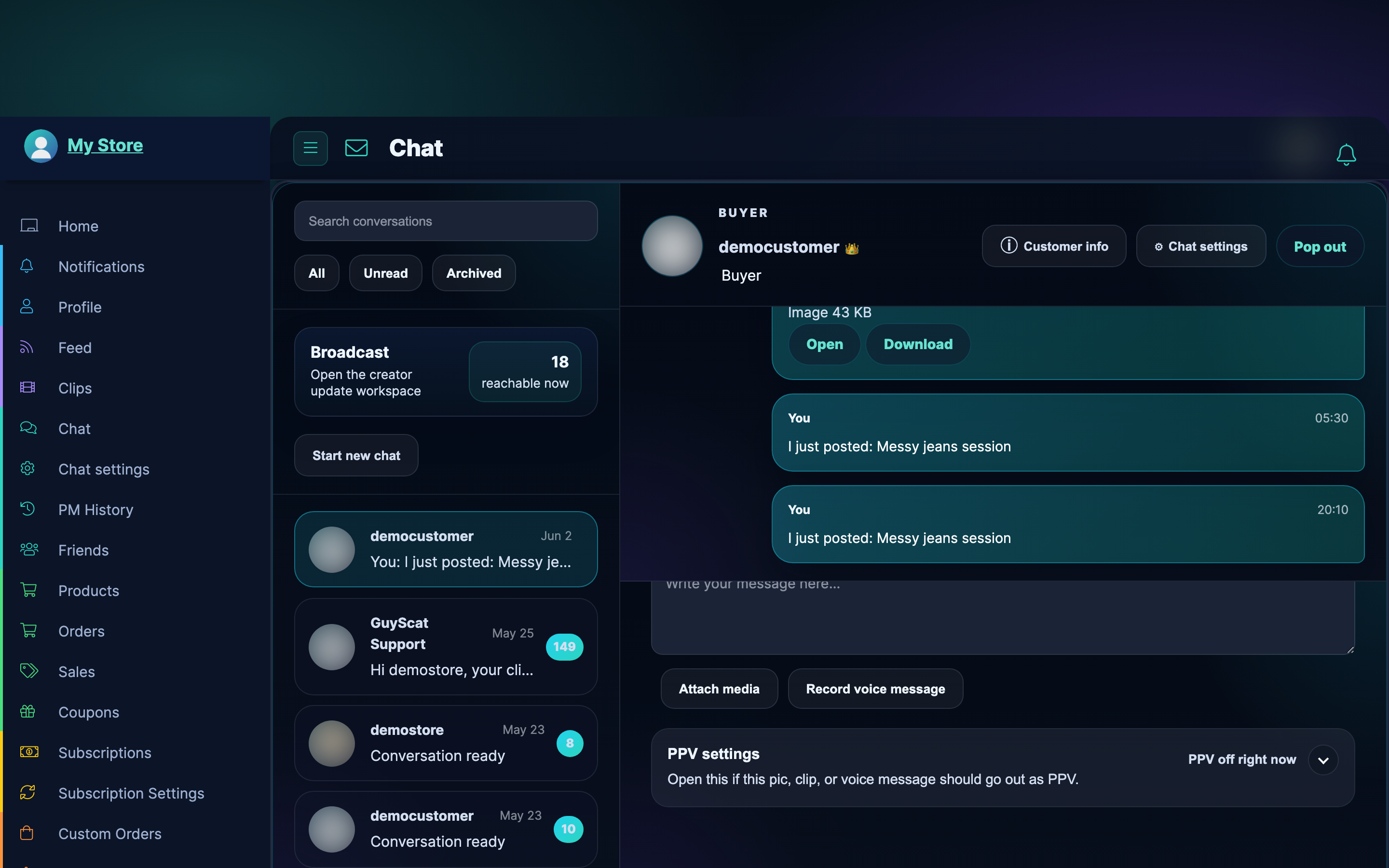 The Chat workspace in your store manager: conversation rail on the left, the open thread on the right.