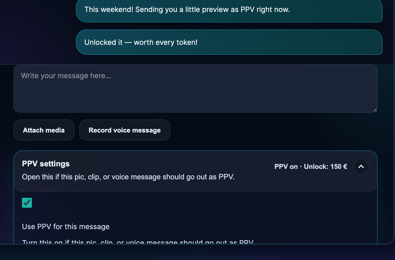 The compose box with PPV settings open — attach media, tick Use PPV and set the unlock price.