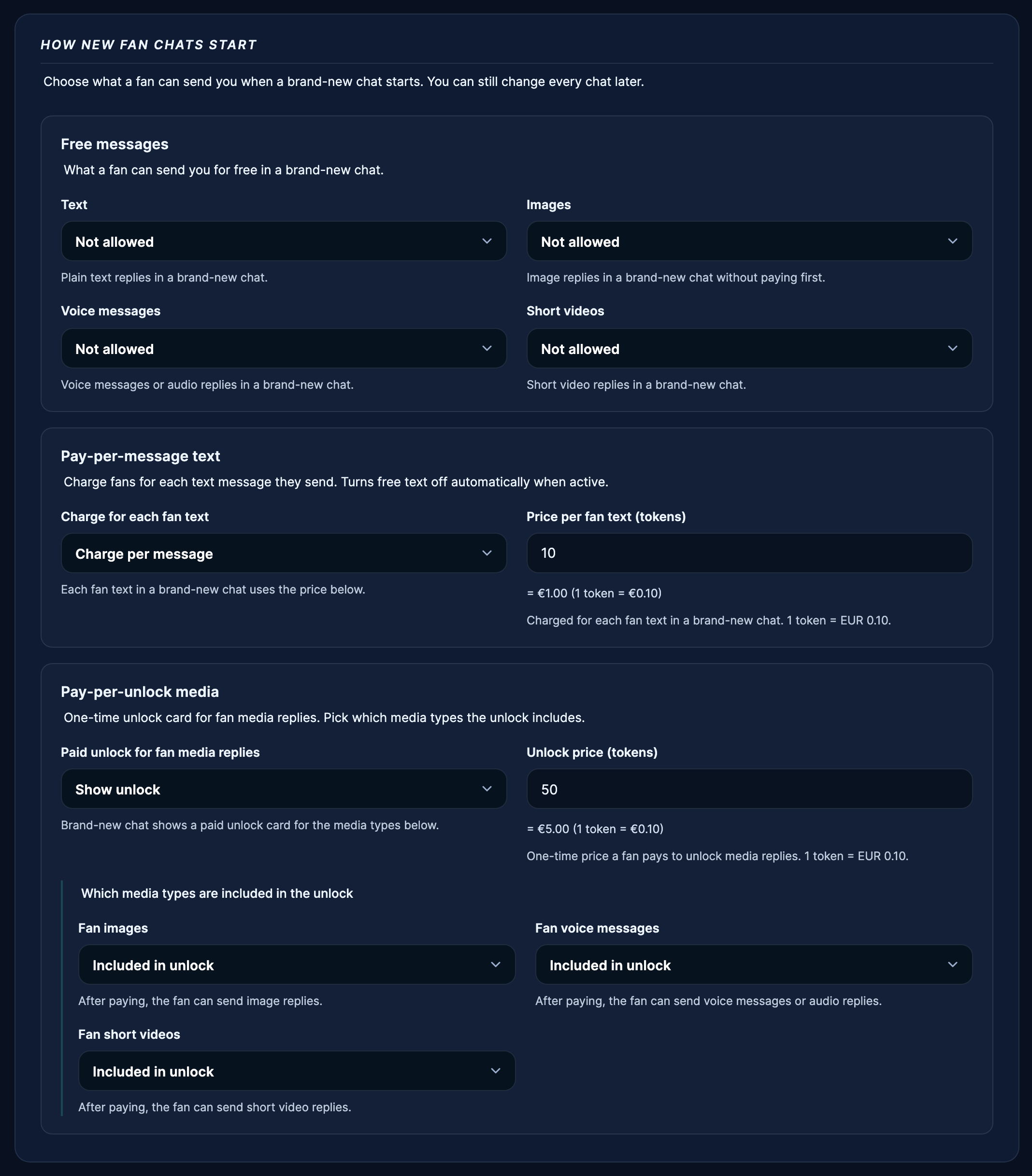 Chat defaults: choose what fans can send for free, per-text pricing and the paid media unlock.