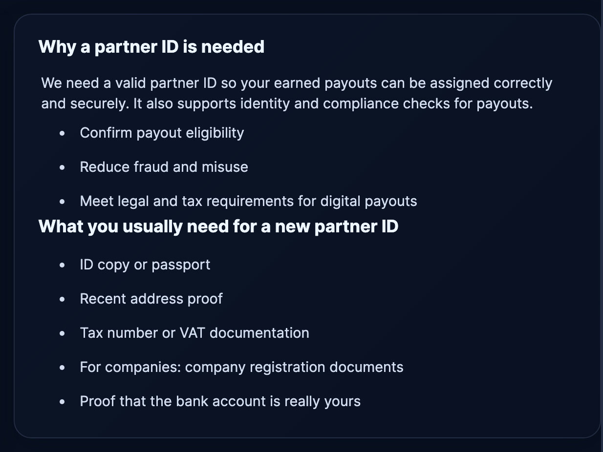 Payouts page with the "What you usually need for a new partner ID" checklist visible.