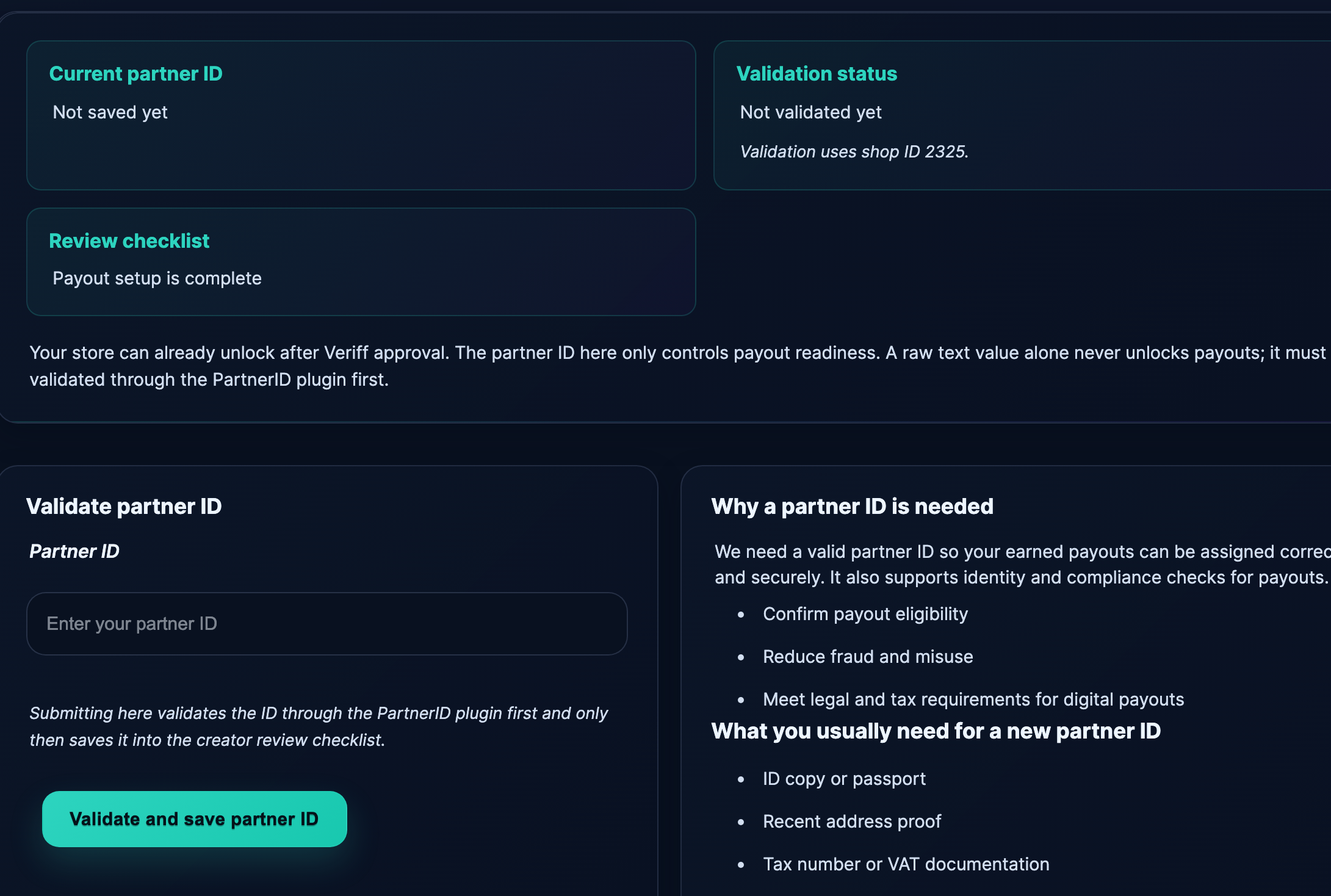 Top of /store-manager/payouts/ with the Partner-ID form and registration card visible.
