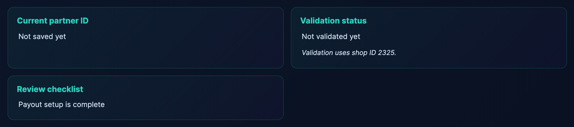 Review checklist showing "Payout setup is complete".