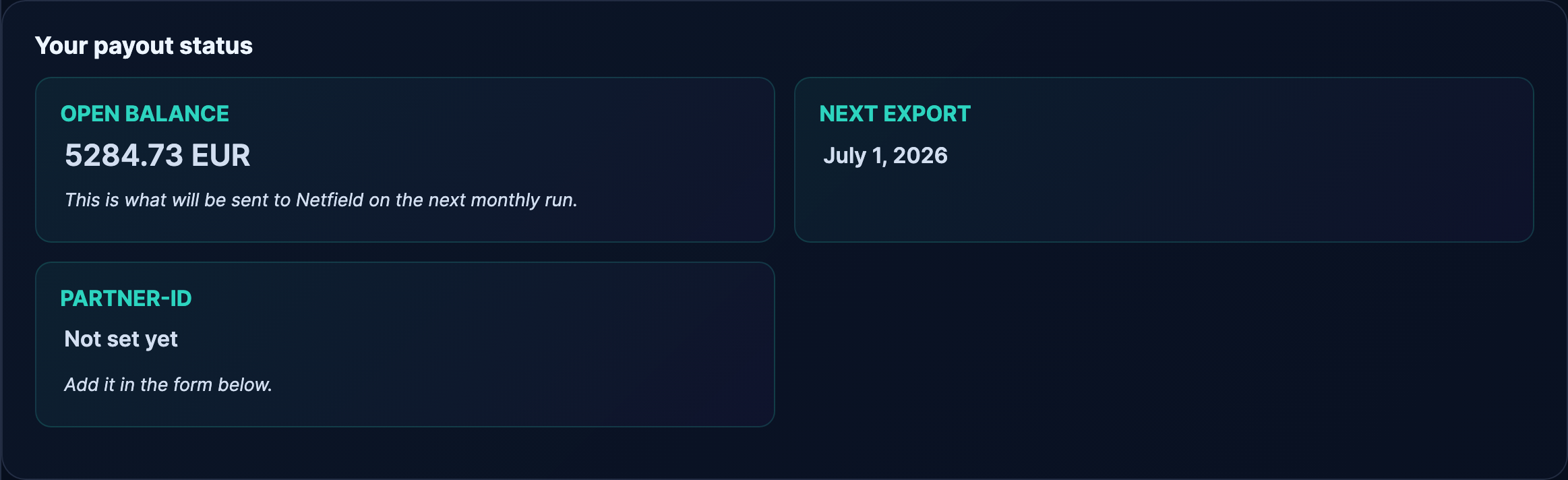 Status card showing "Next export" date and current open balance.