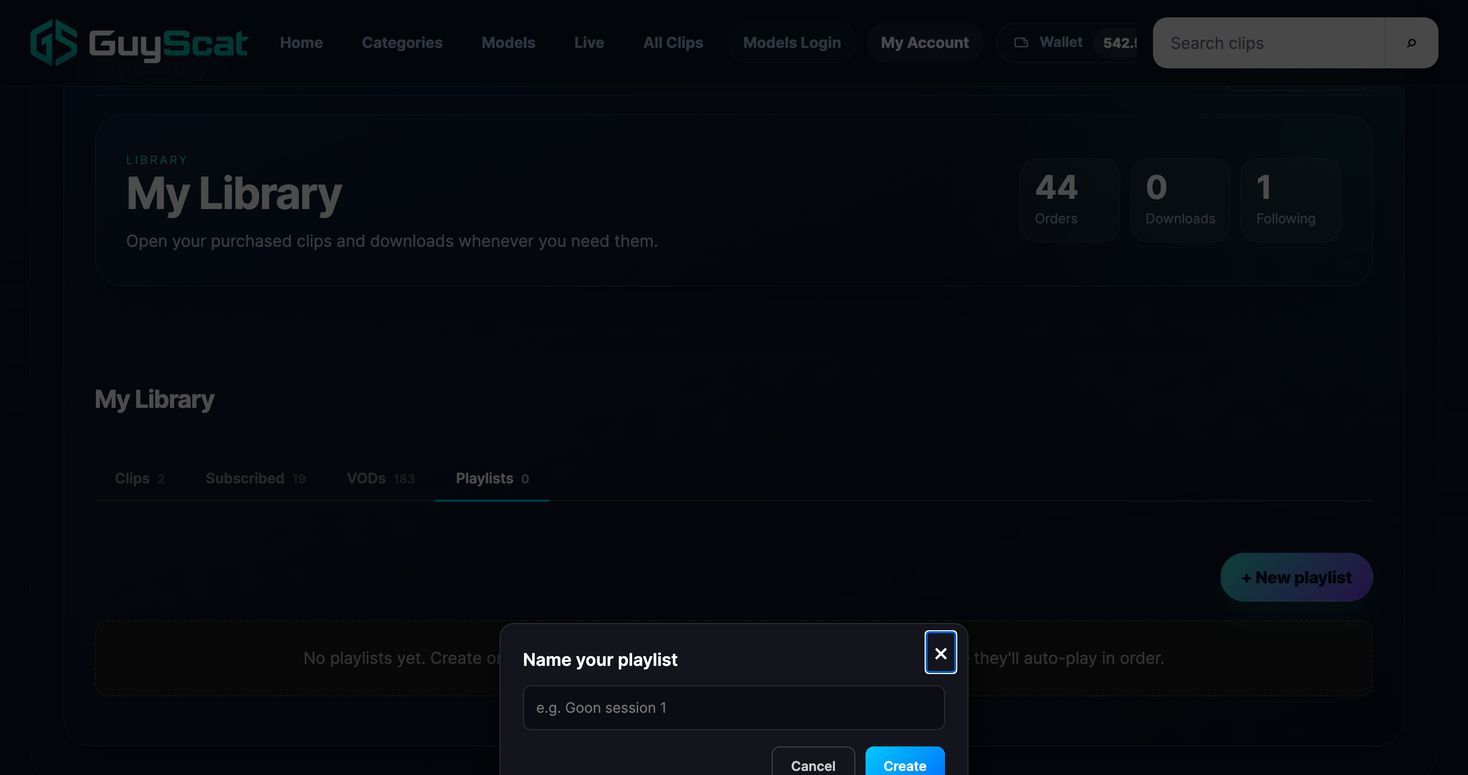 Building a playlist: the Playlists tab with New playlist and the naming dialog.