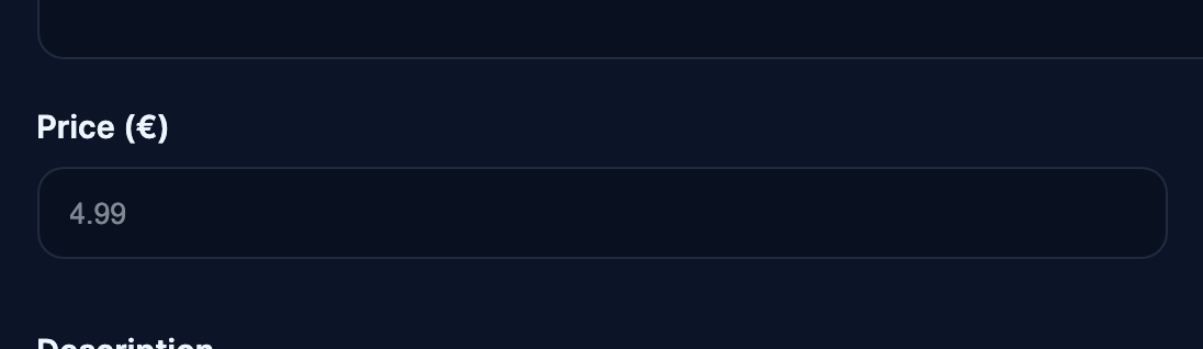 The price field on the Add Clip form — nothing below €4.99 is accepted.