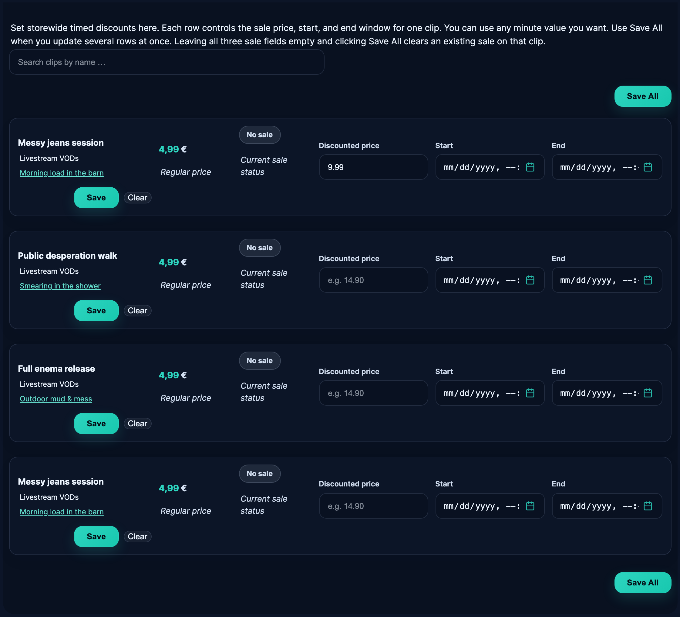The Sales screen — discounted price plus start and end per clip, saved with Save All.