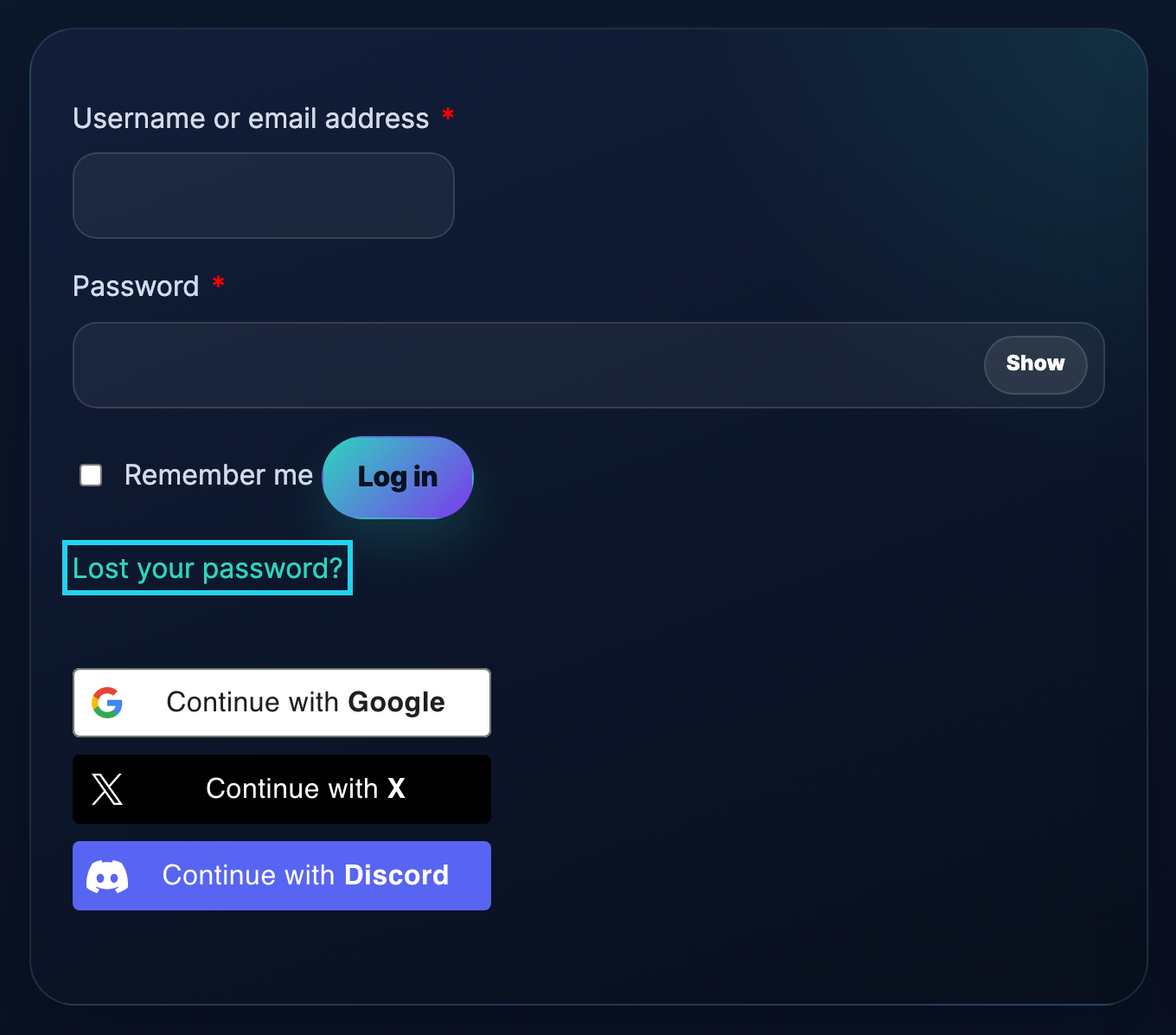 The login form — the "Lost your password?" link sits below the Log in button.