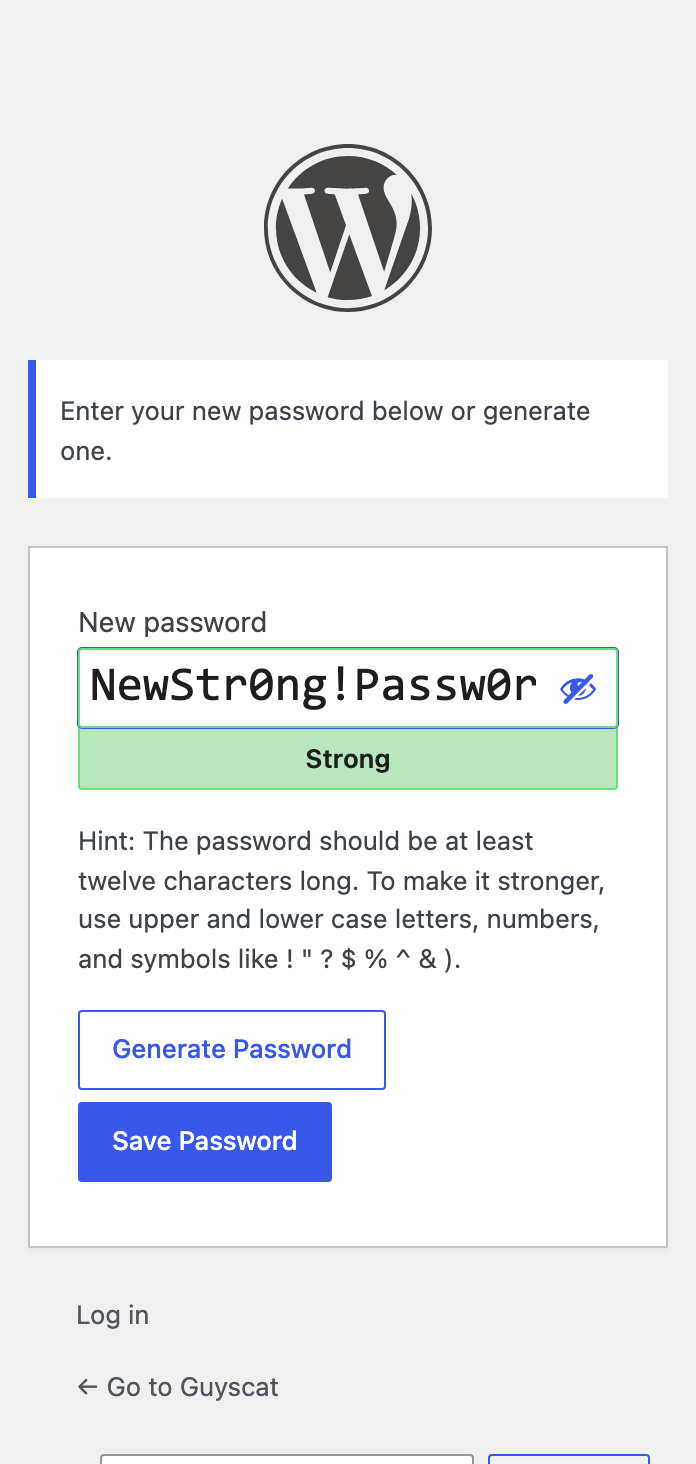 Pick your password — the strength indicator updates as you type.