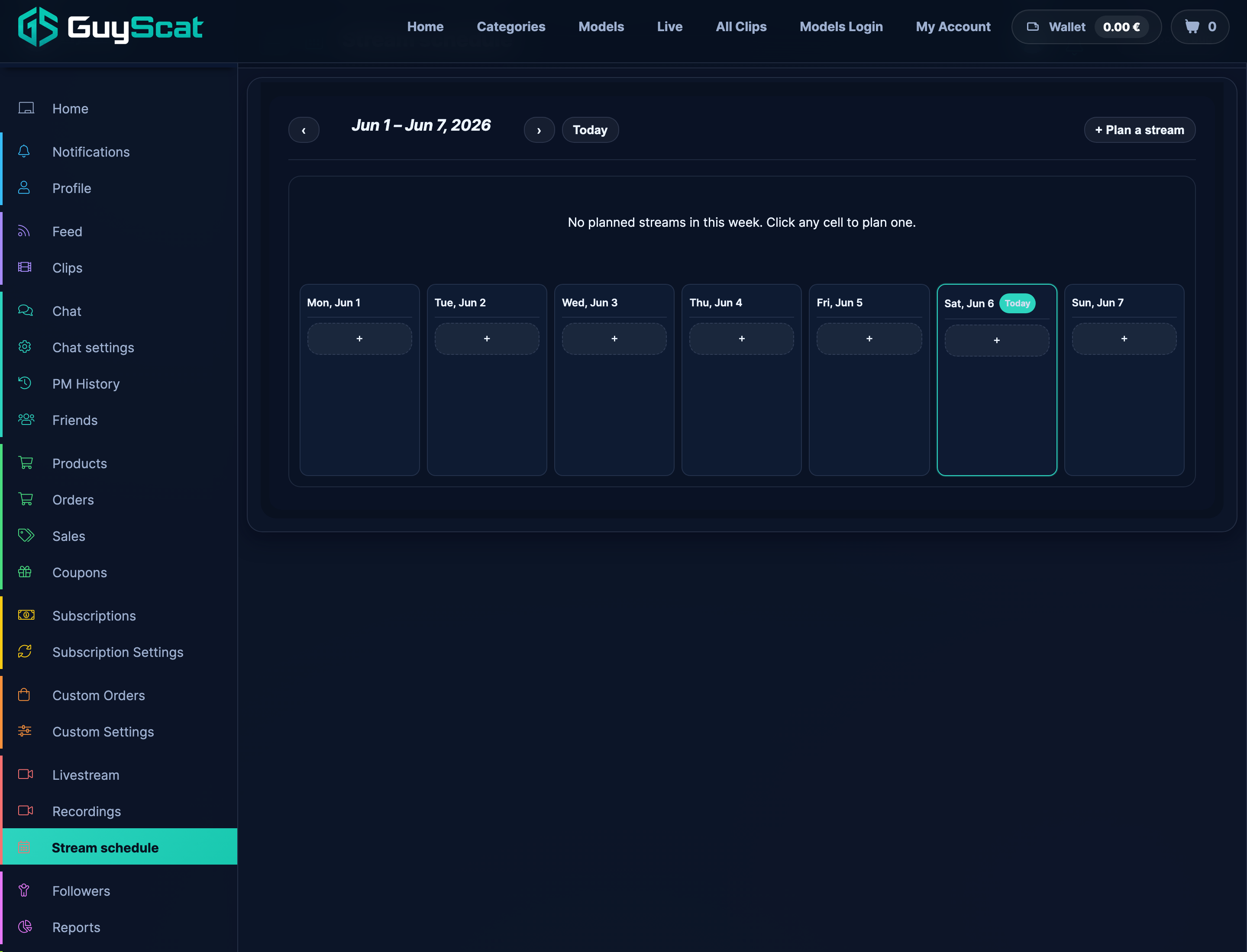 Weekly stream-schedule calendar with Plan a stream.