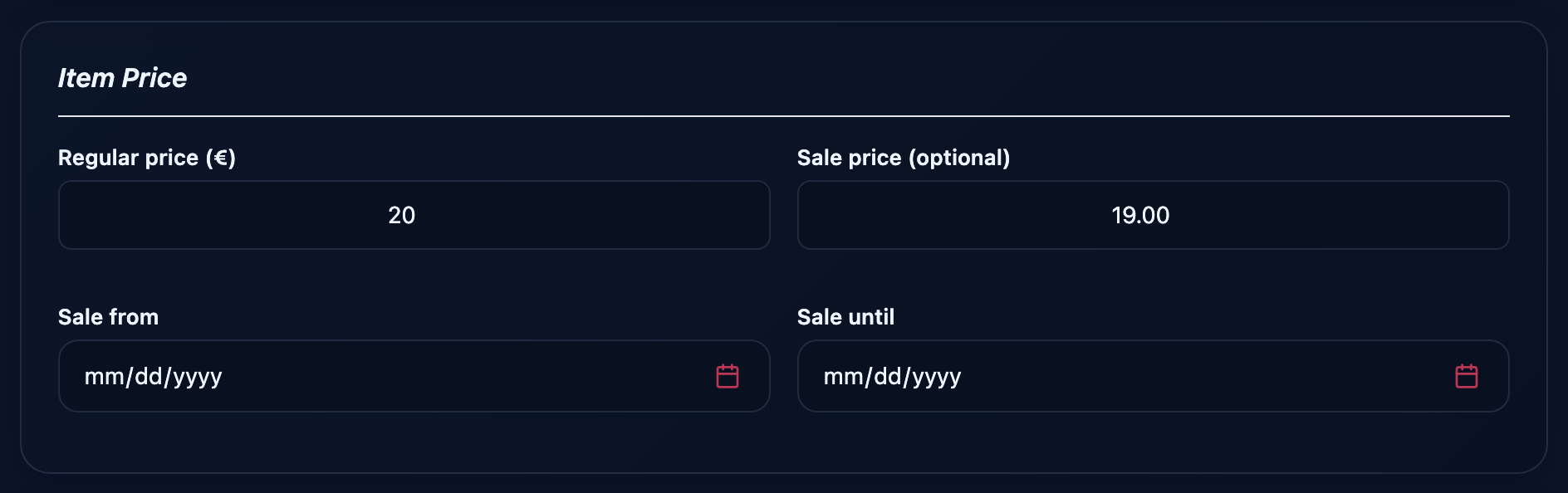 Item price fields with regular and sale price.