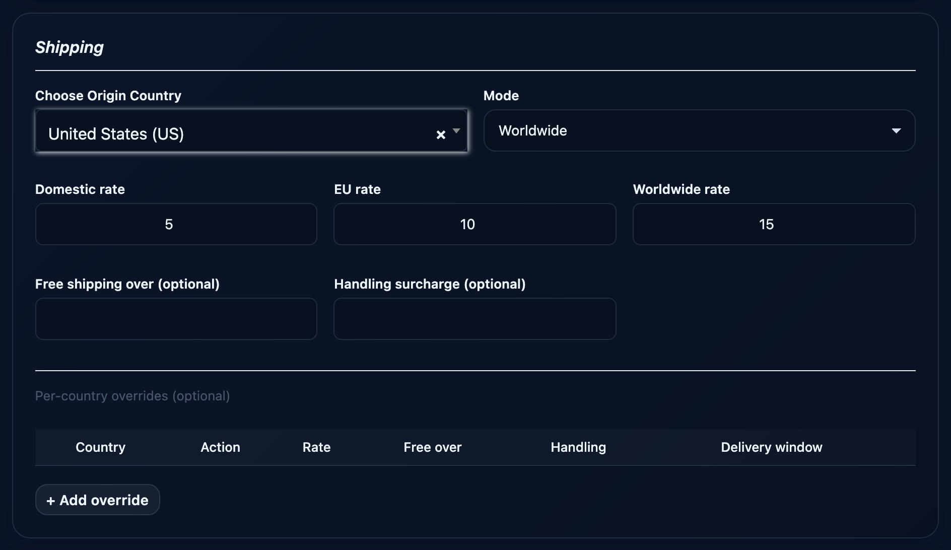 The Shipping card with origin country, mode and regional rates.