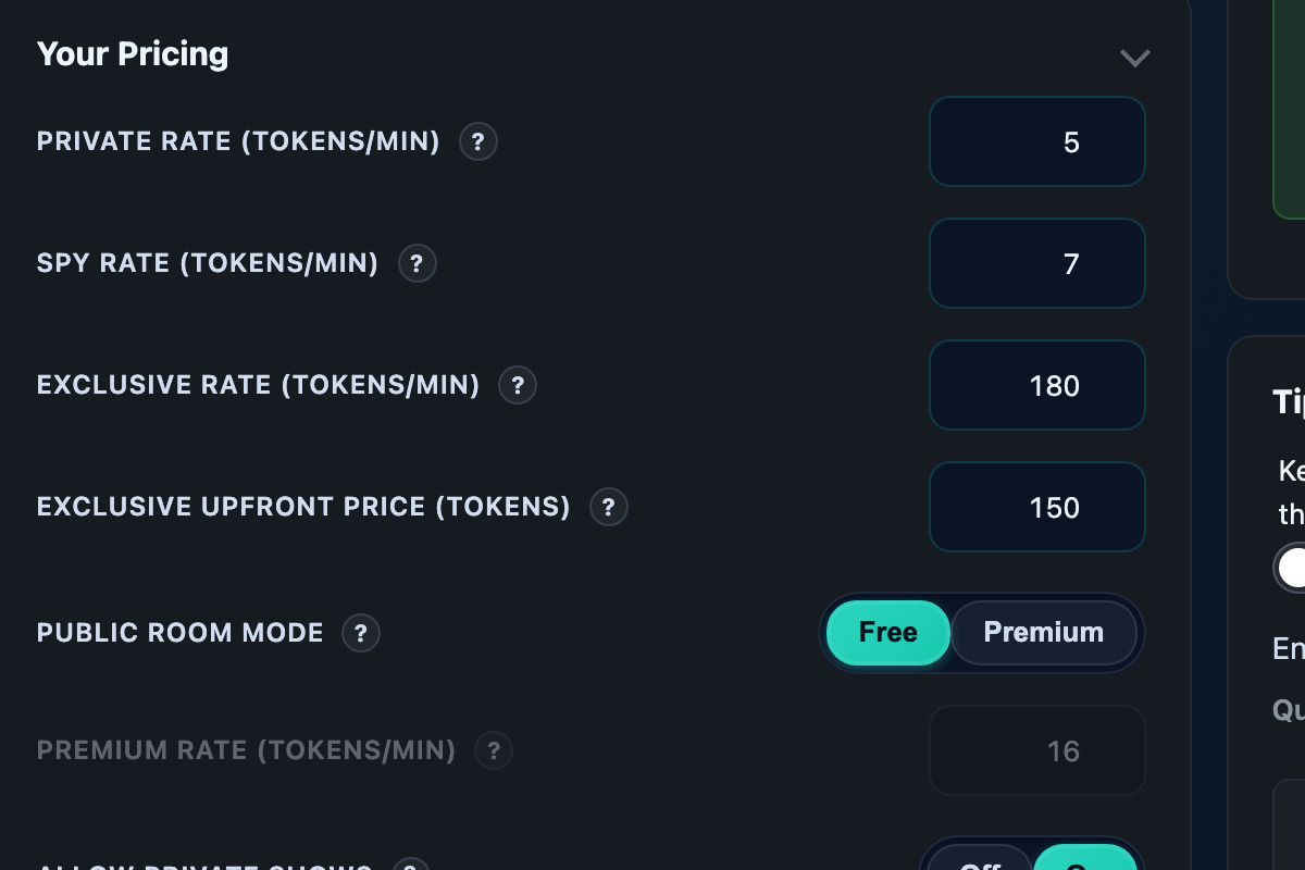 The Your Pricing panel in the studio: private, spy and exclusive rates plus the public room mode.