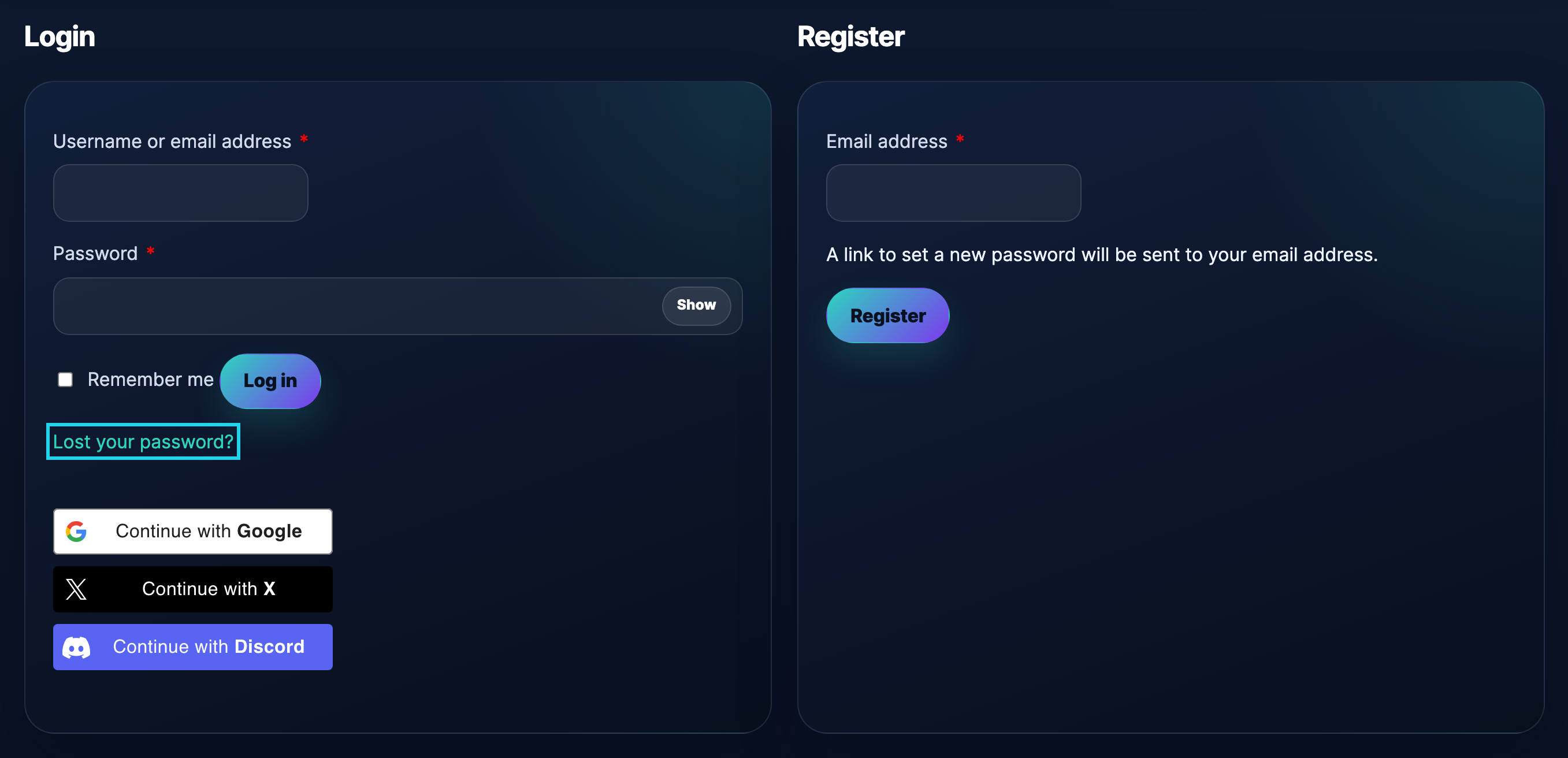 The My Account page — log in on the left, register on the right.
