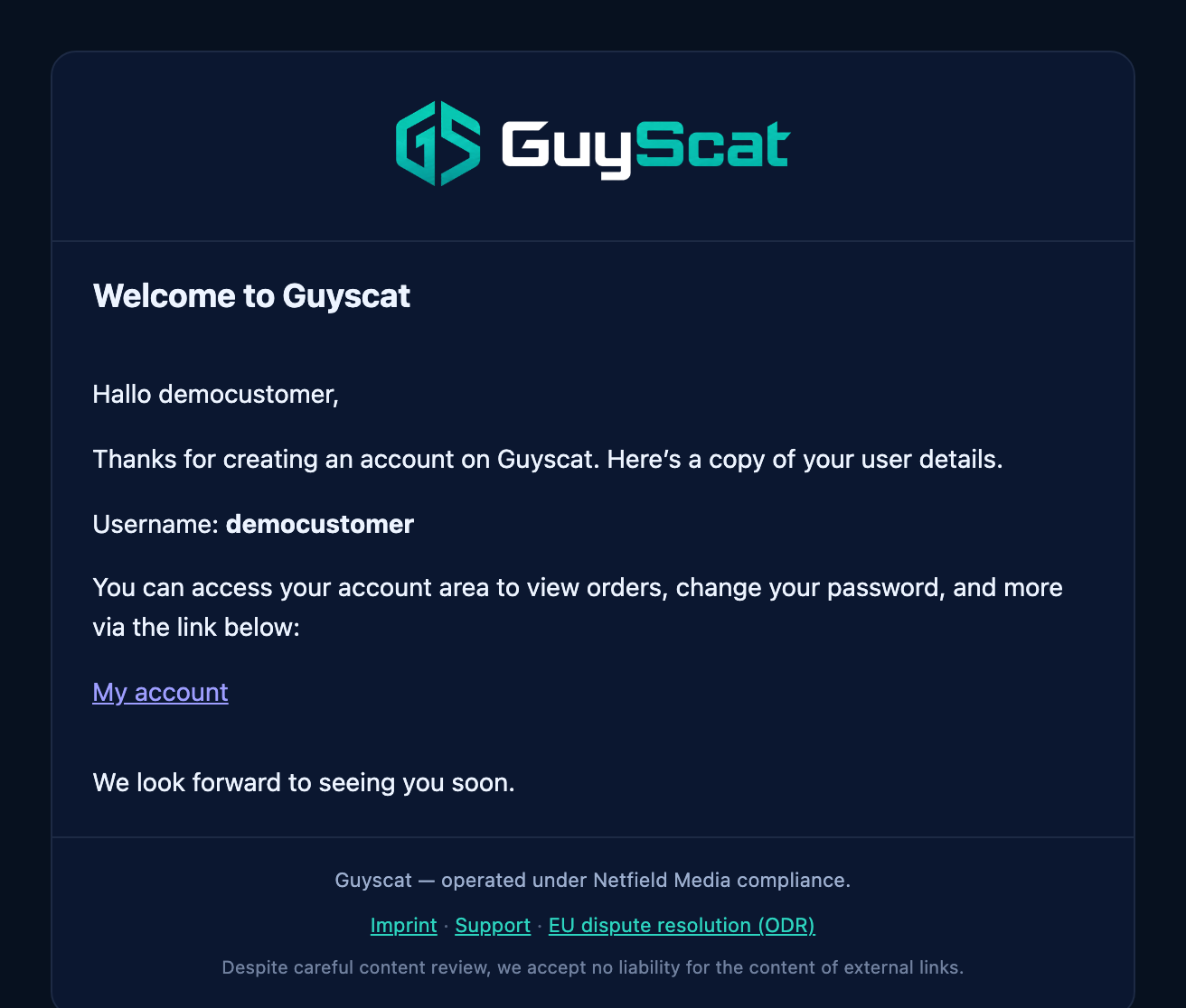 The welcome email — open your account area via the link and set your password.