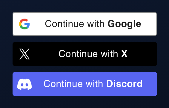 One-click sign-in with Google, X or Discord.
