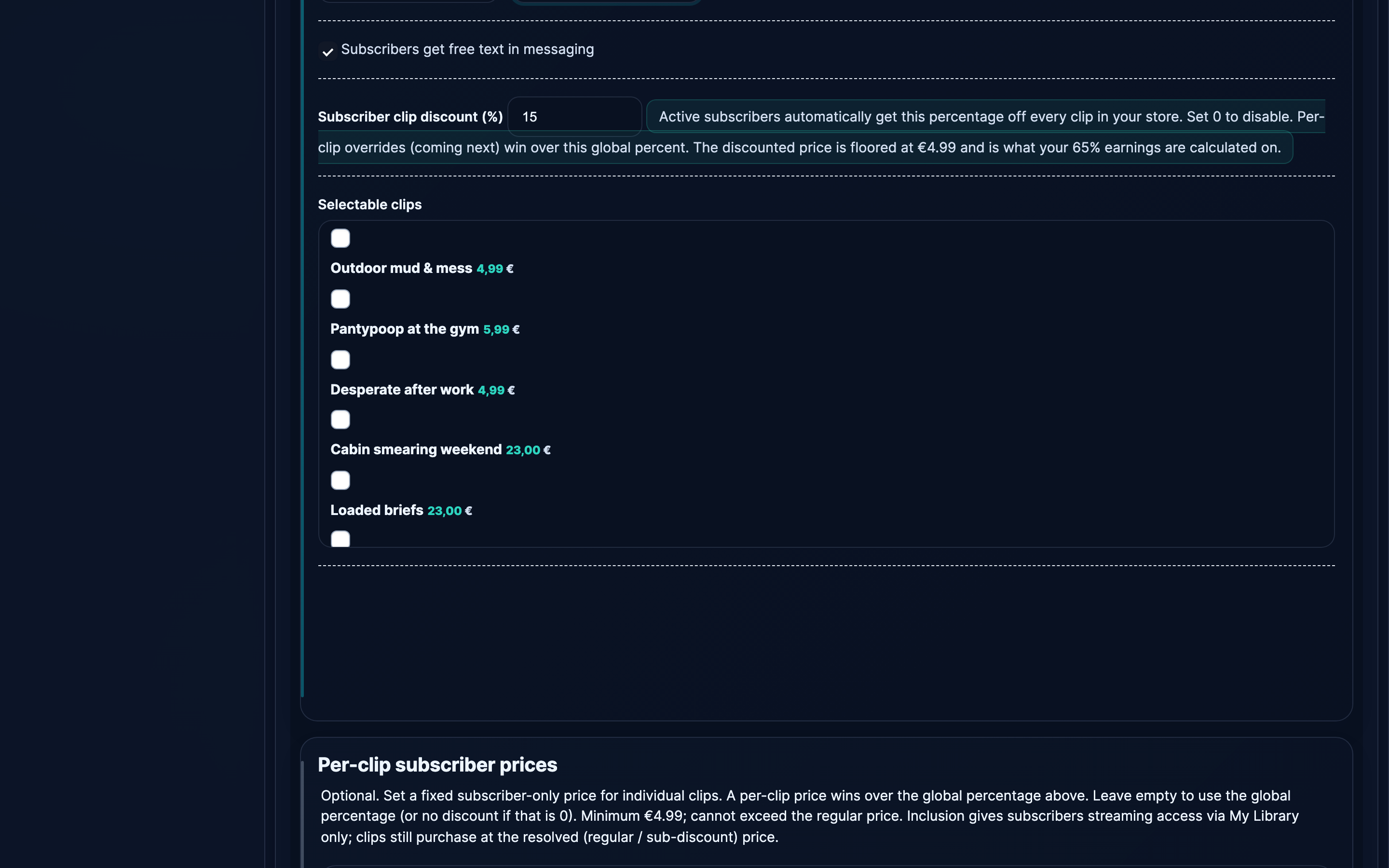The creator-subscriptions page — the Subscriber clip discount field with the per-clip price table below.