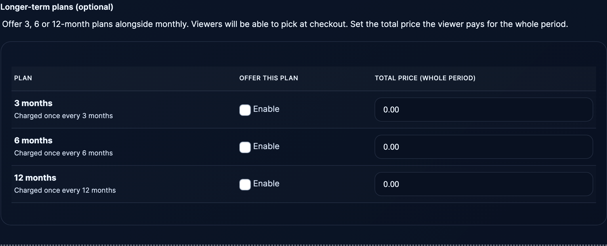 Longer-term plans — enable 3, 6 or 12 months and set the total price per period.