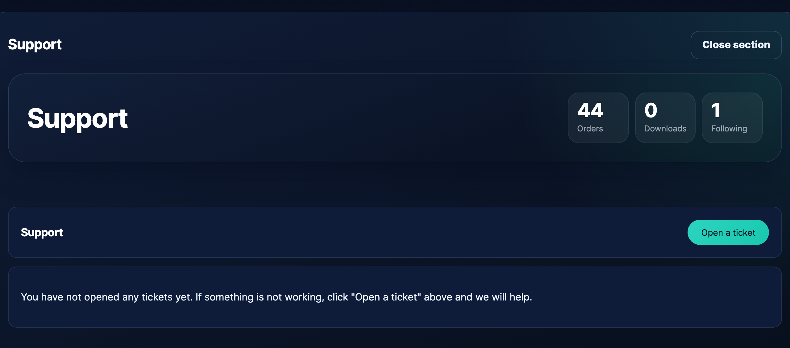 The customer support page — your tickets plus the Open a ticket button.