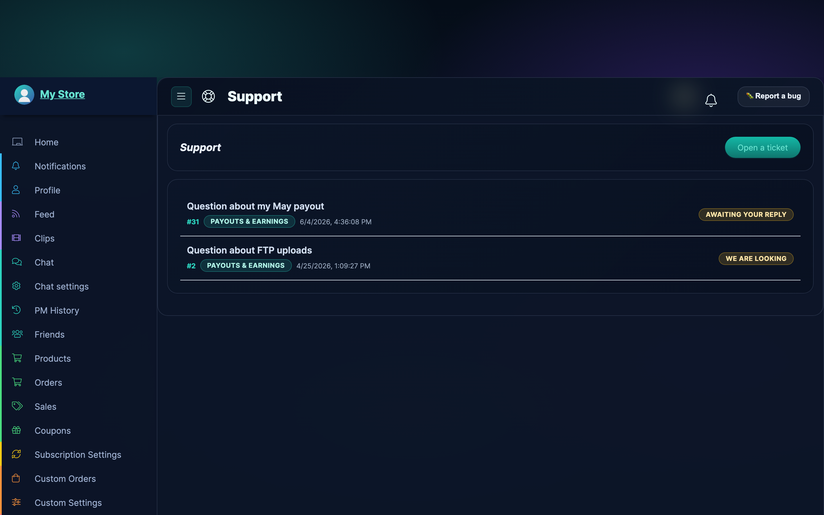 The creator support page in Store Manager — same layout, creator categories.